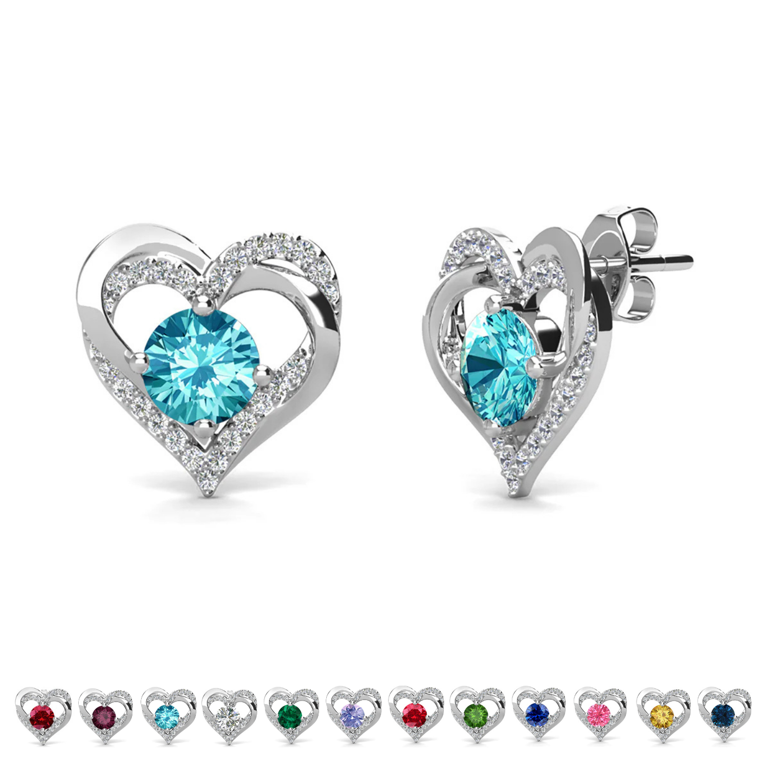 Forever Birthstone 18k White Gold Plated Double Heart Stud Earrings with Swarovski Crystals