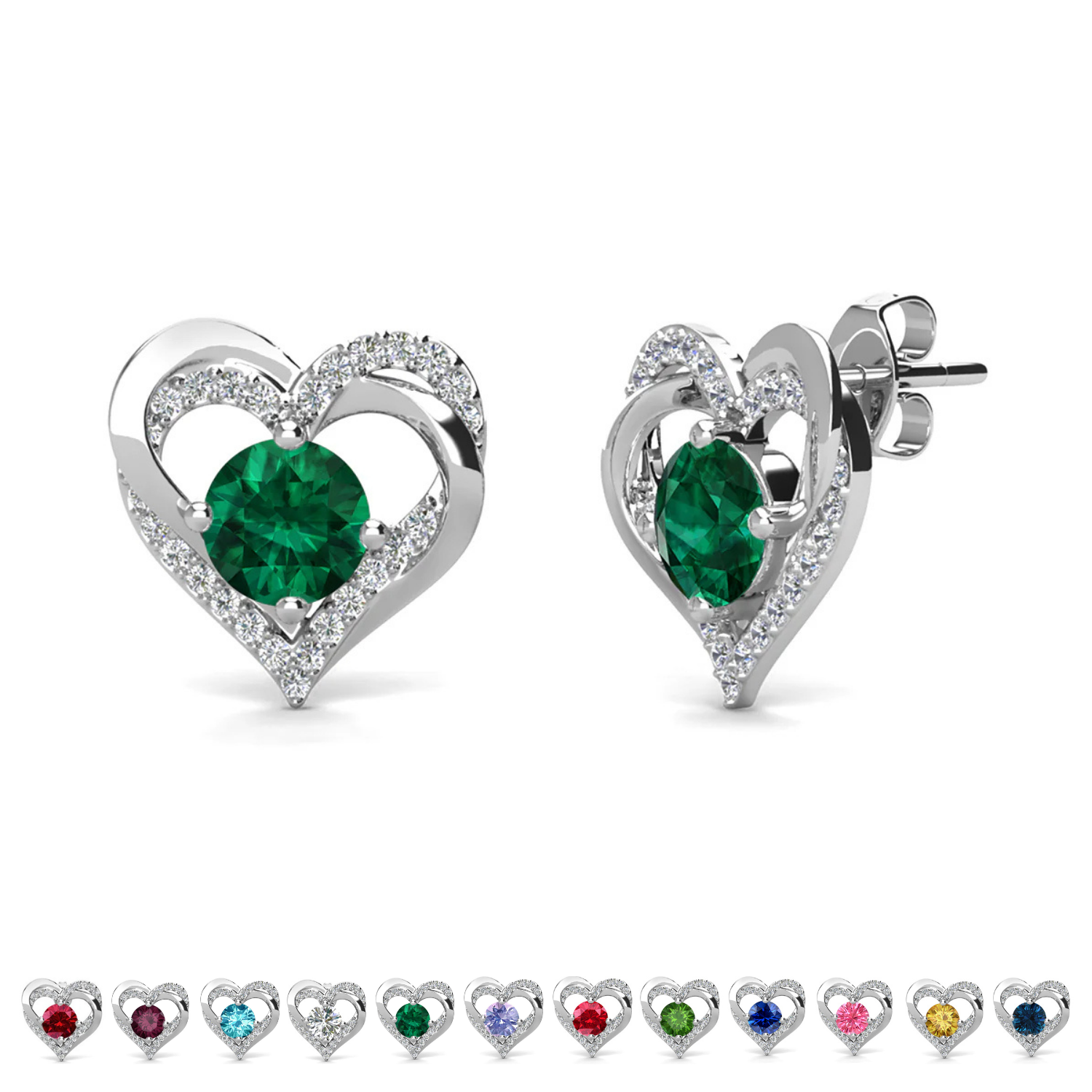 Forever Birthstone 18k White Gold Plated Double Heart Stud Earrings with Swarovski Crystals