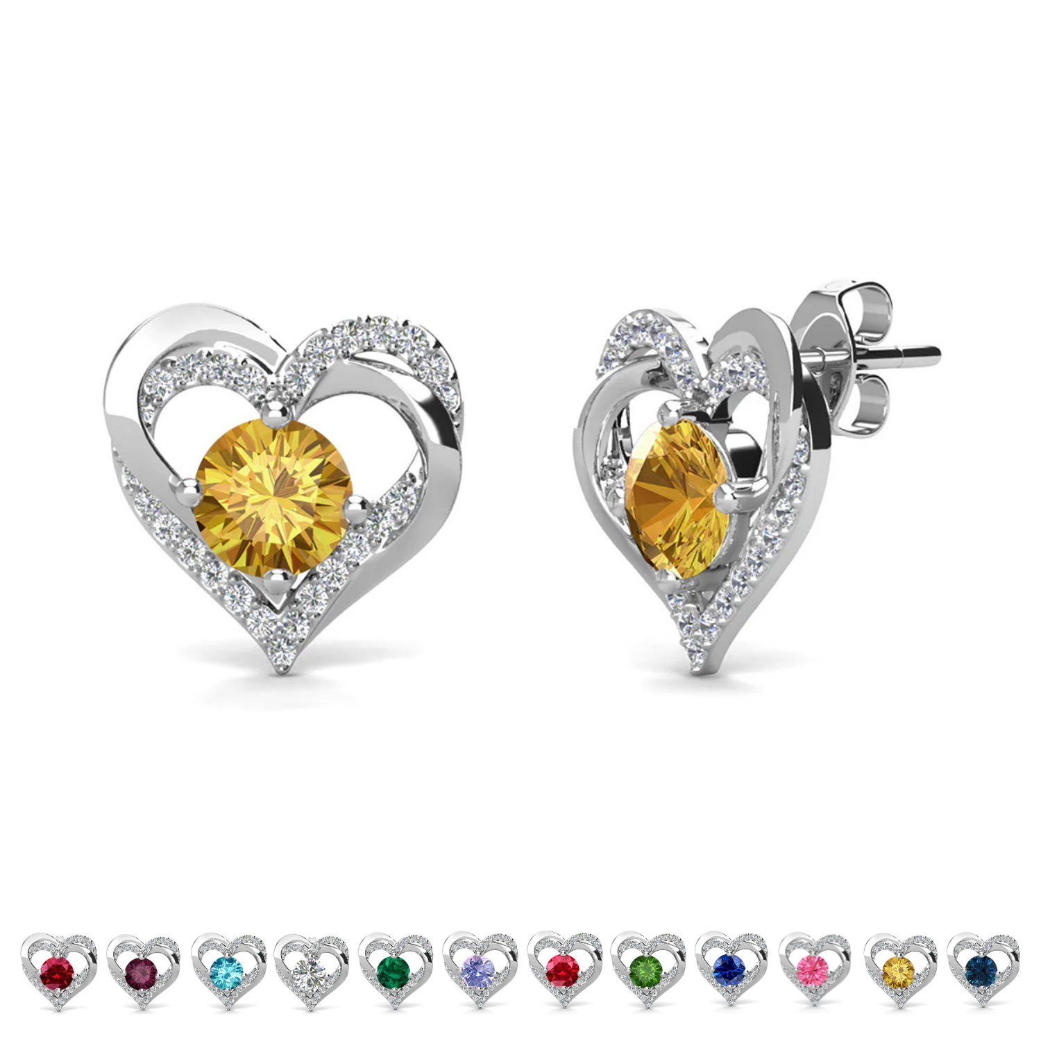 Forever Birthstone 18k White Gold Plated Double Heart Stud Earrings with Swarovski Crystals
