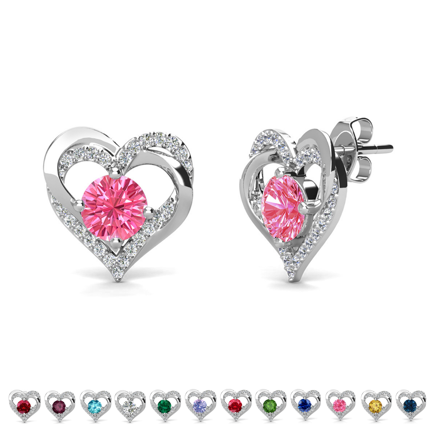 Forever Birthstone 18k White Gold Plated Double Heart Stud Earrings with Swarovski Crystals