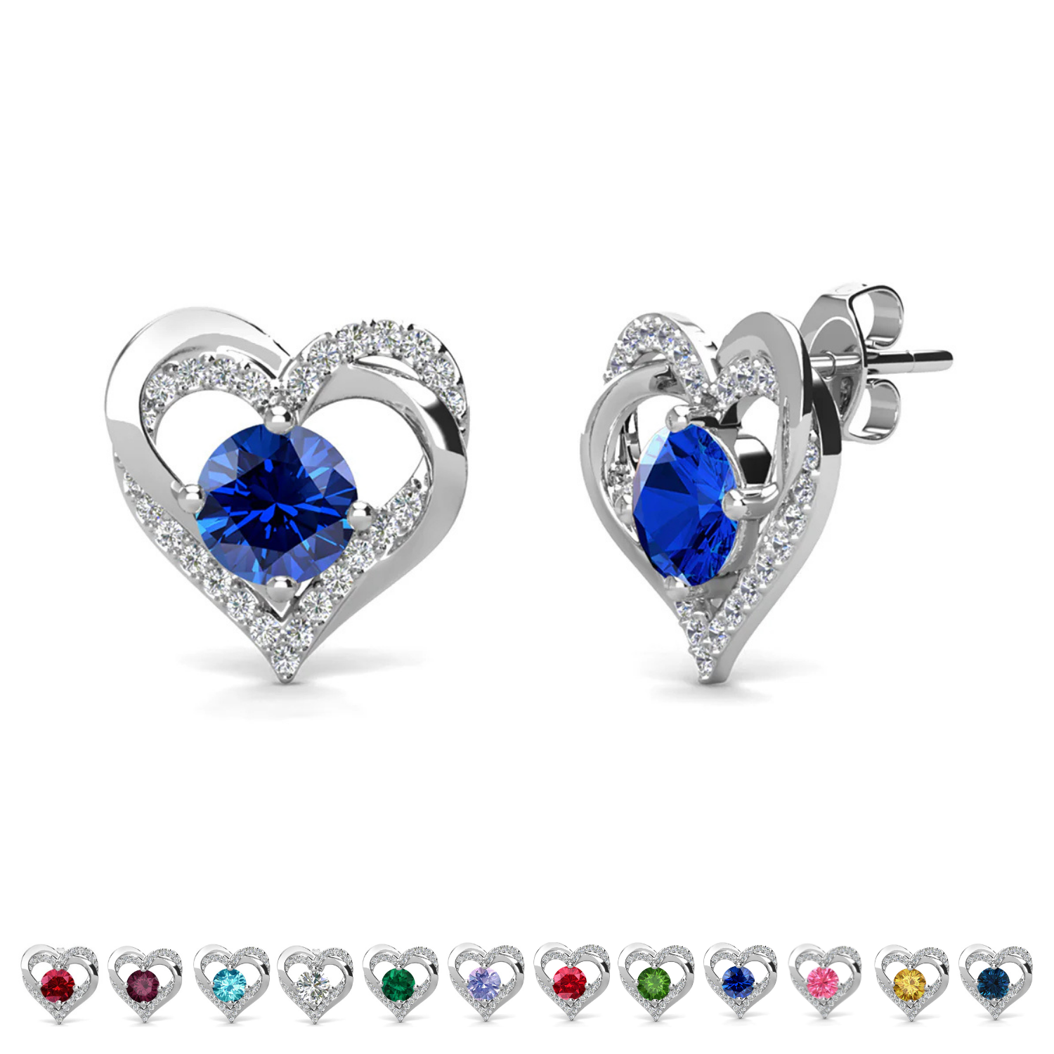 Forever Birthstone 18k White Gold Plated Double Heart Stud Earrings with Swarovski Crystals