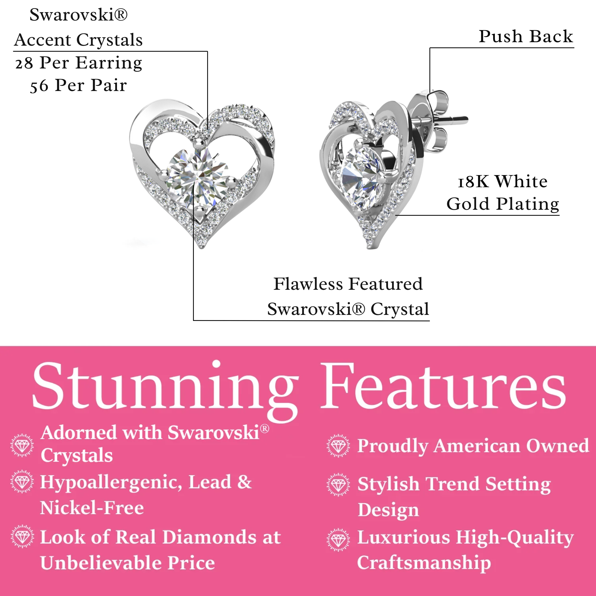 Forever Birthstone 18k White Gold Plated Double Heart Stud Earrings with Swarovski Crystals
