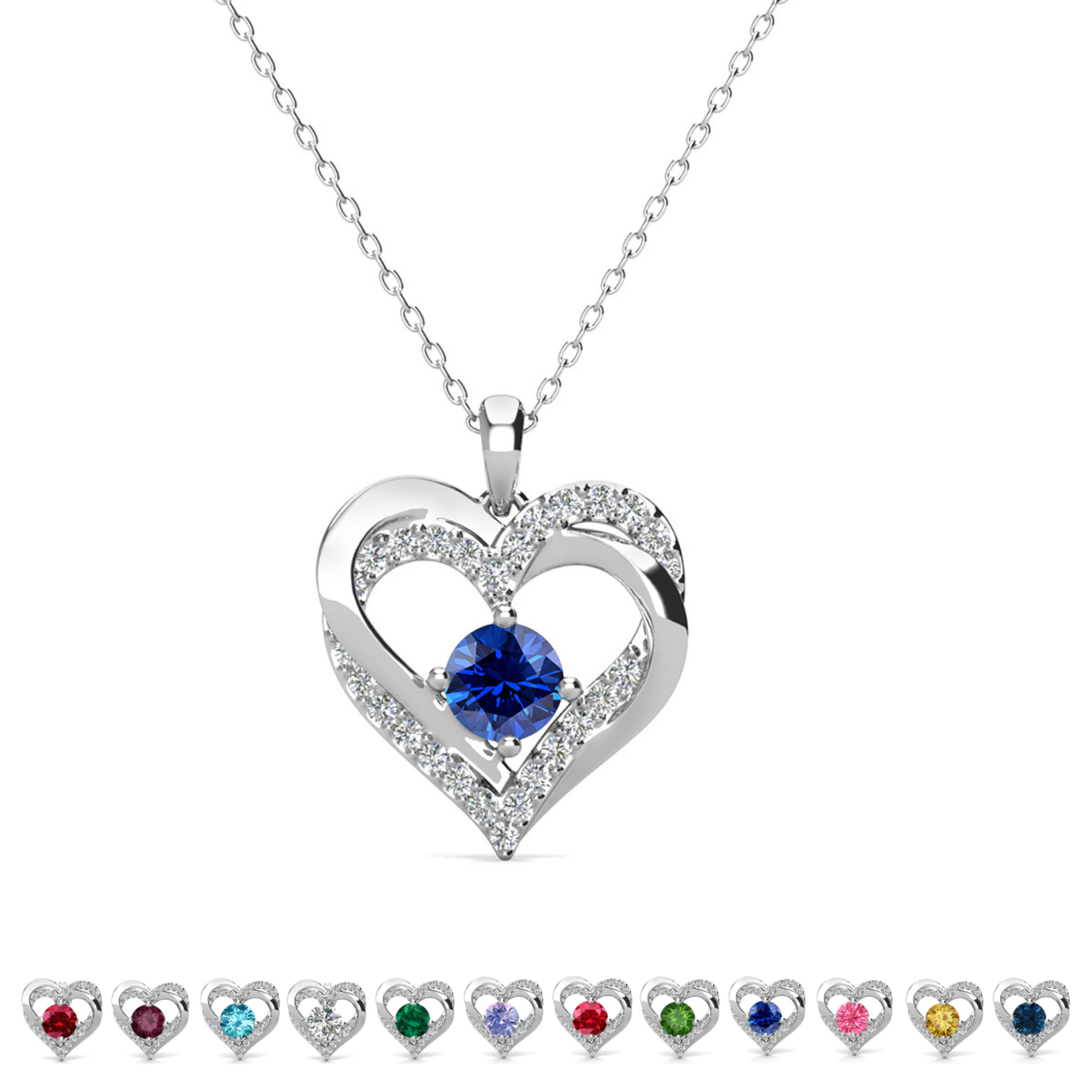 Forever Birthstone 18k White Gold Plated Double Heart Necklace with Swarovski Crystals