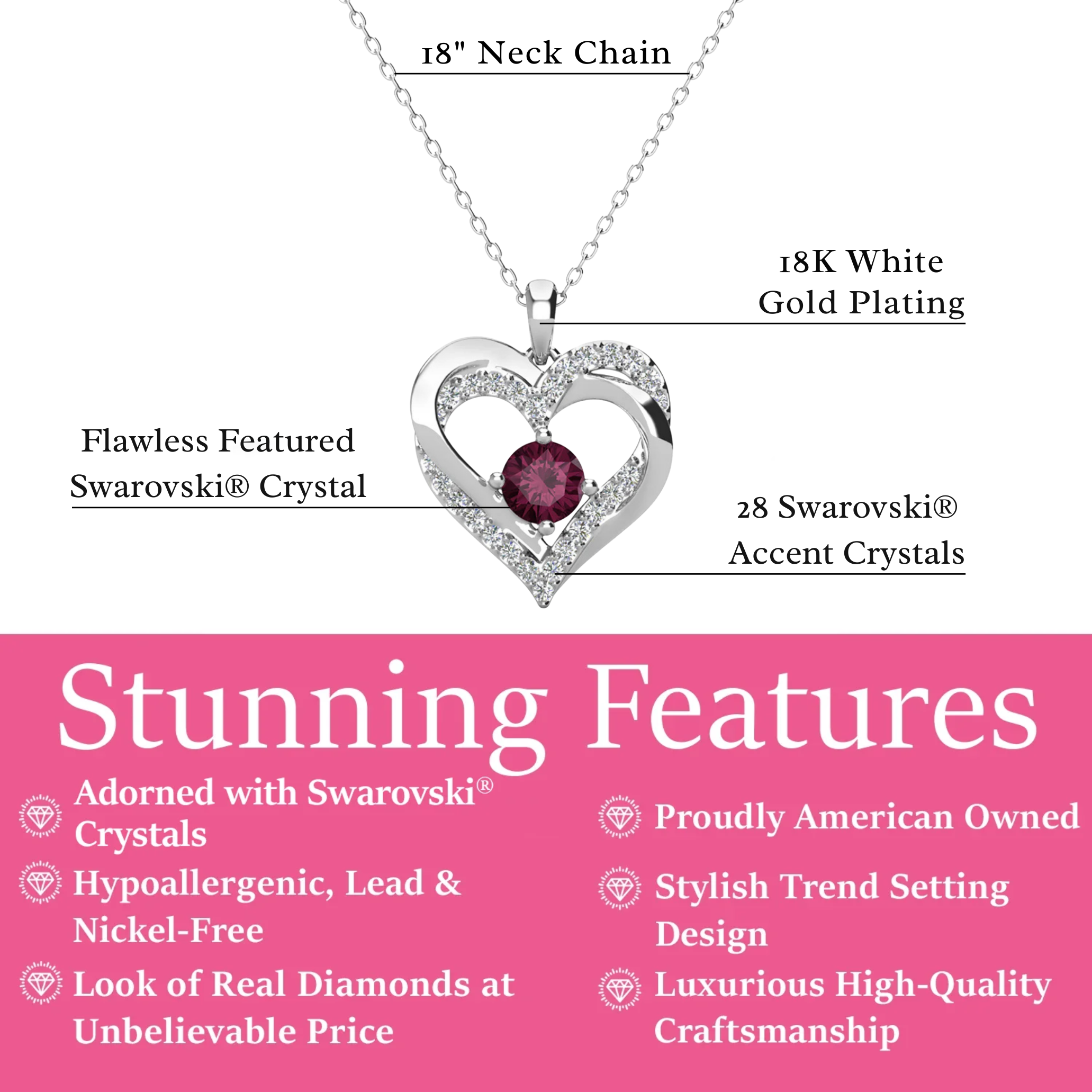 Forever Birthstone 18k White Gold Plated Double Heart Necklace with Swarovski Crystals