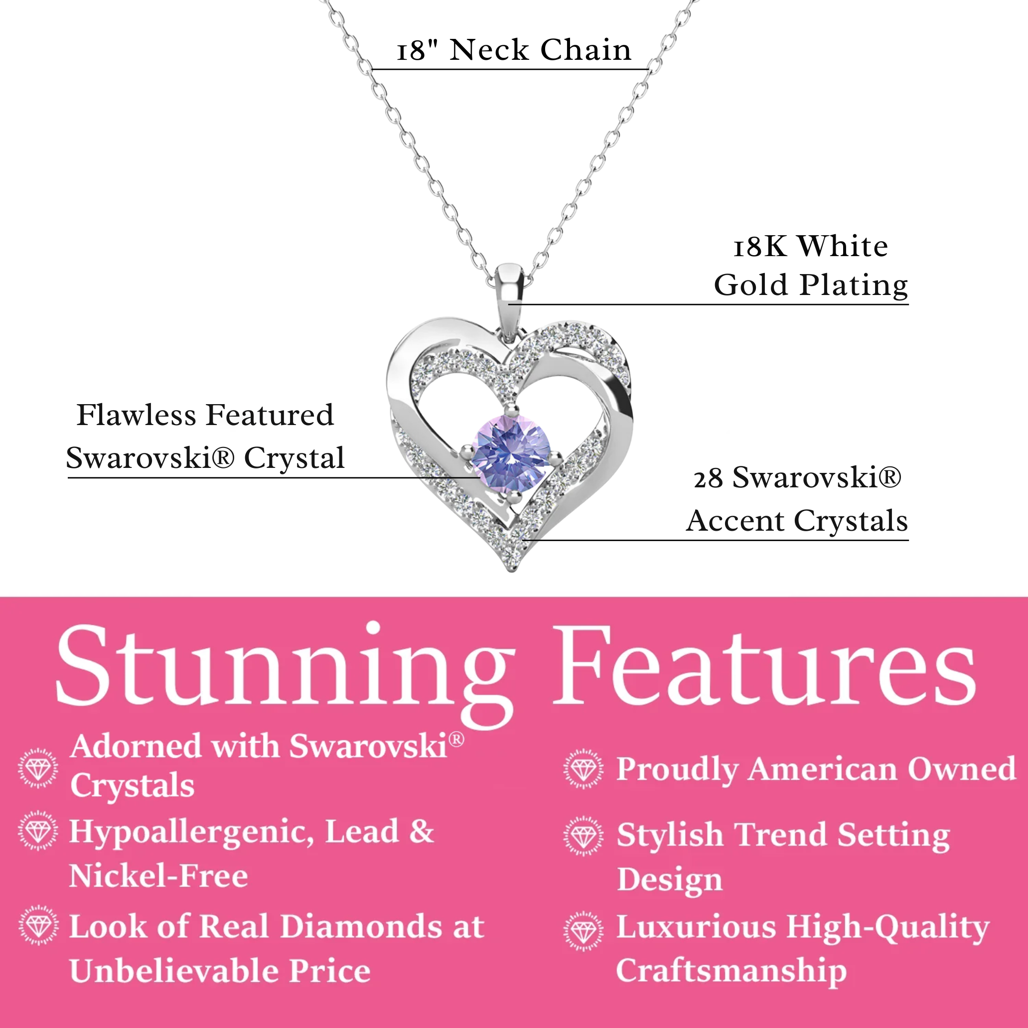 Forever Birthstone 18k White Gold Plated Double Heart Necklace with Swarovski Crystals