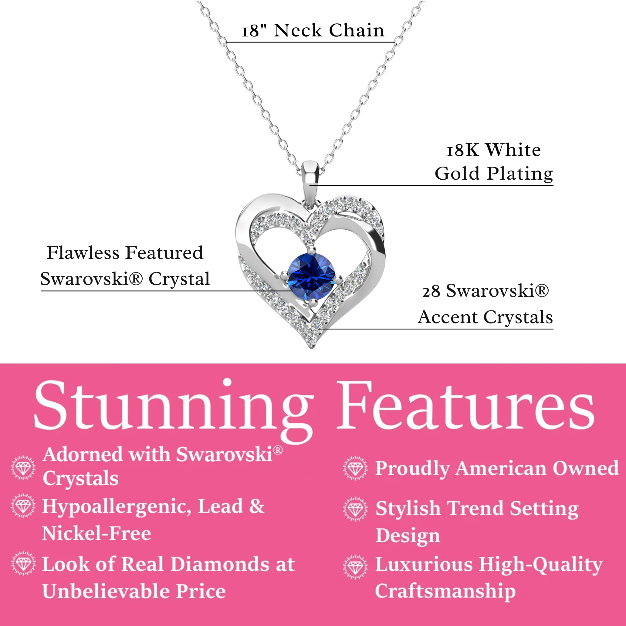 Forever Birthstone 18k White Gold Plated Double Heart Necklace with Swarovski Crystals