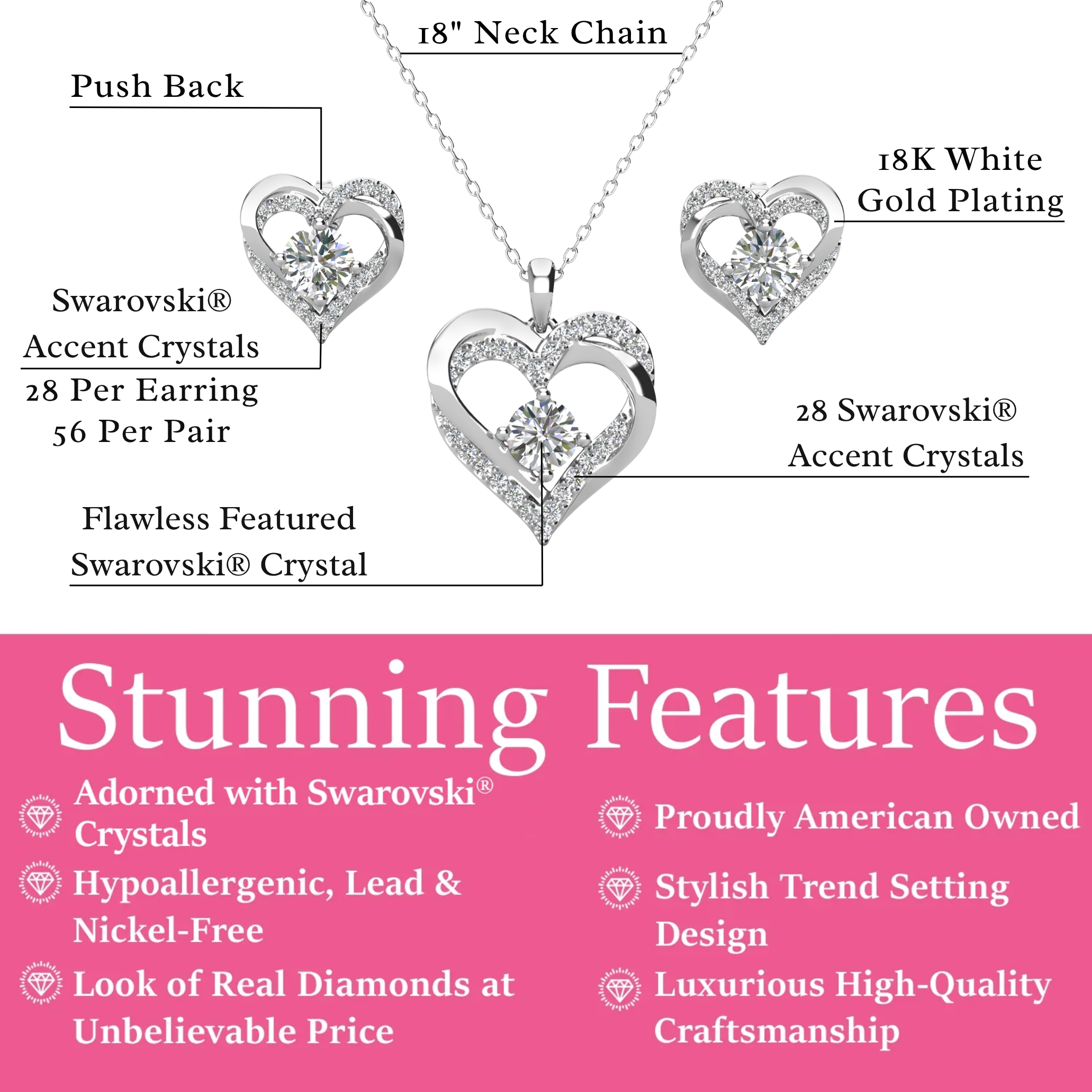 Forever Birthstone 18k White Gold Plated Silver Double Heart Earrings and Necklace Set with Swarovski Crystals