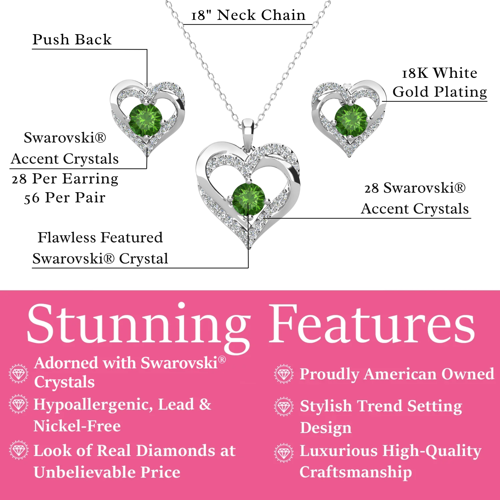 Forever Birthstone 18k White Gold Plated Silver Double Heart Earrings and Necklace Set with Swarovski Crystals