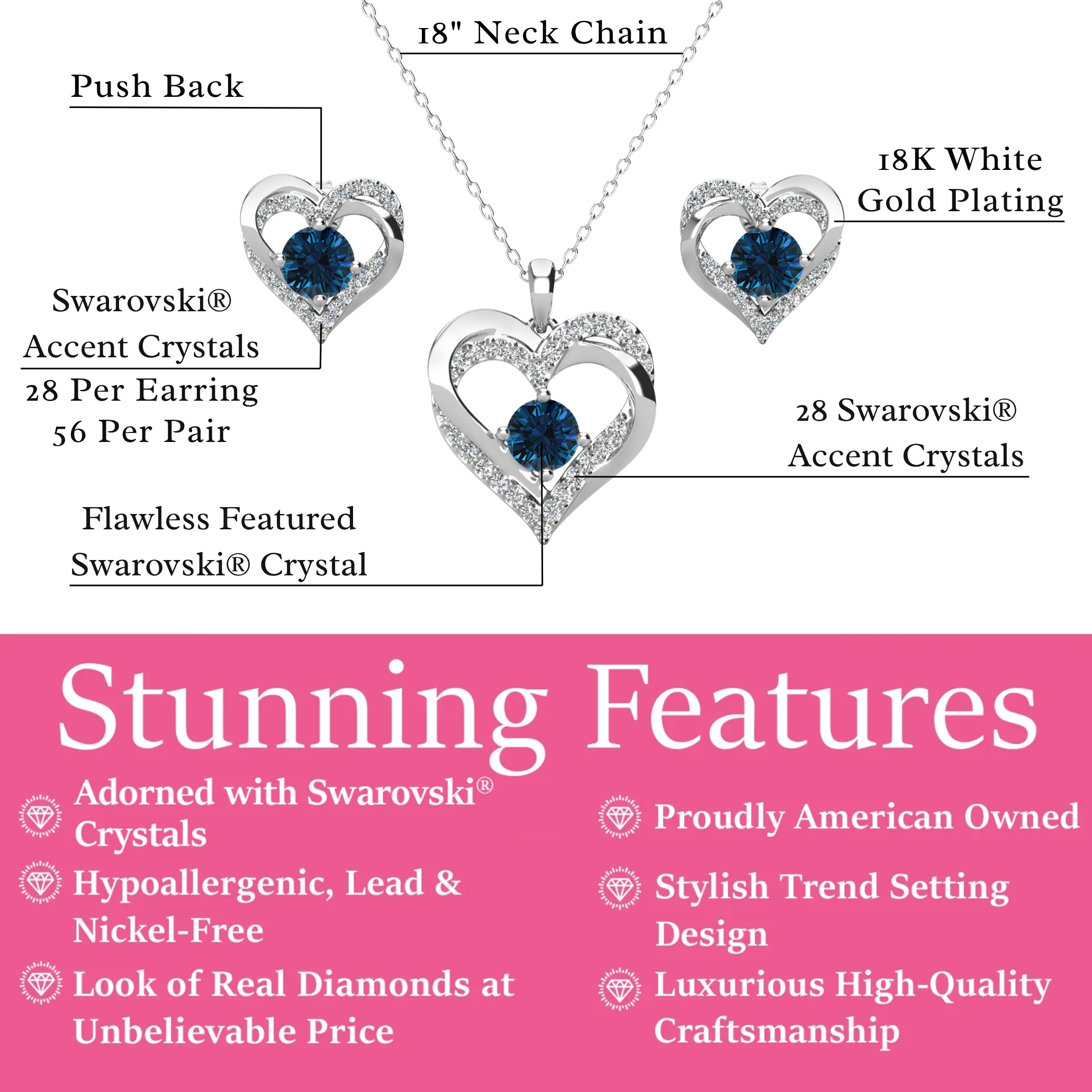 Forever Birthstone 18k White Gold Plated Silver Double Heart Earrings and Necklace Set with Swarovski Crystals