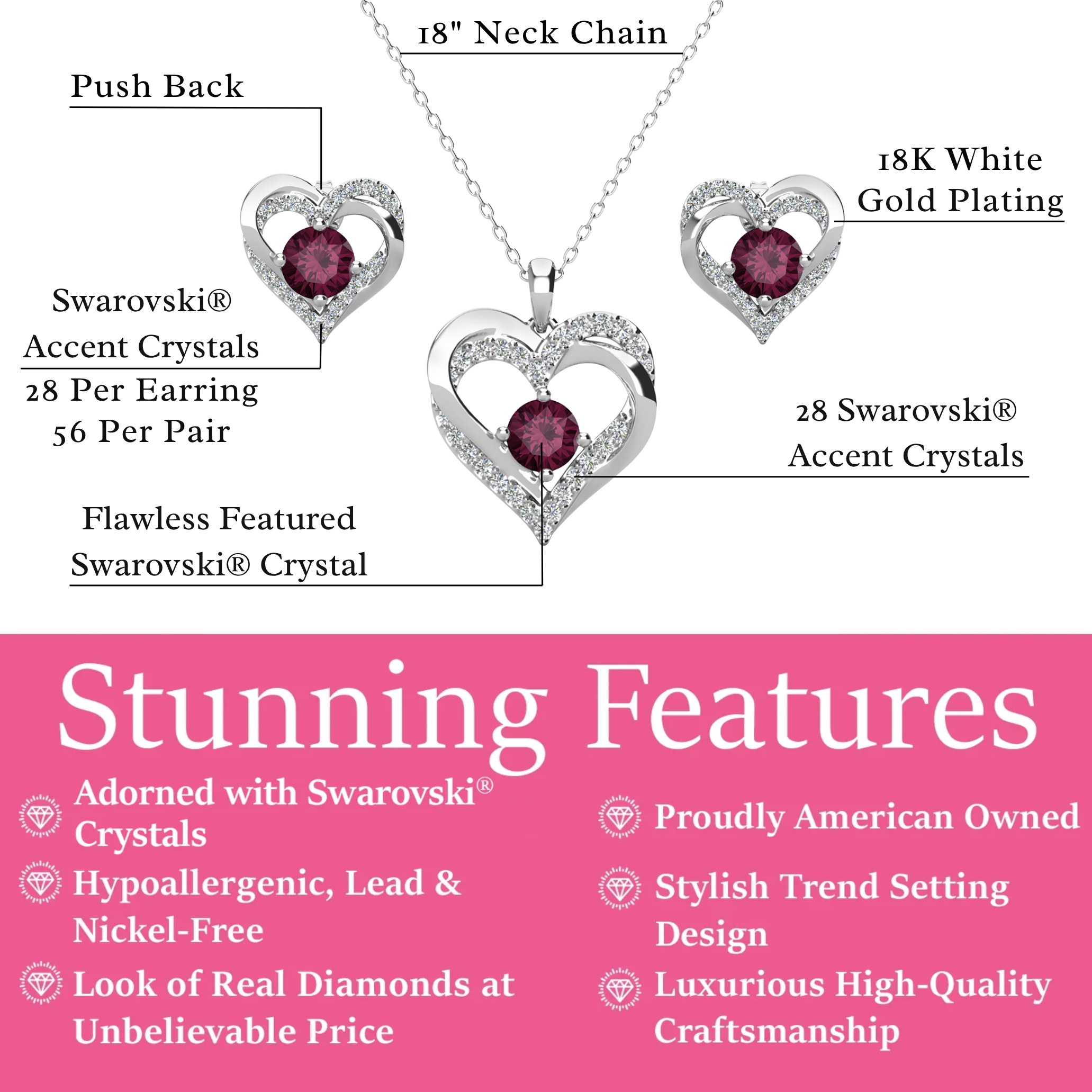 Forever Birthstone 18k White Gold Plated Silver Double Heart Earrings and Necklace Set with Swarovski Crystals