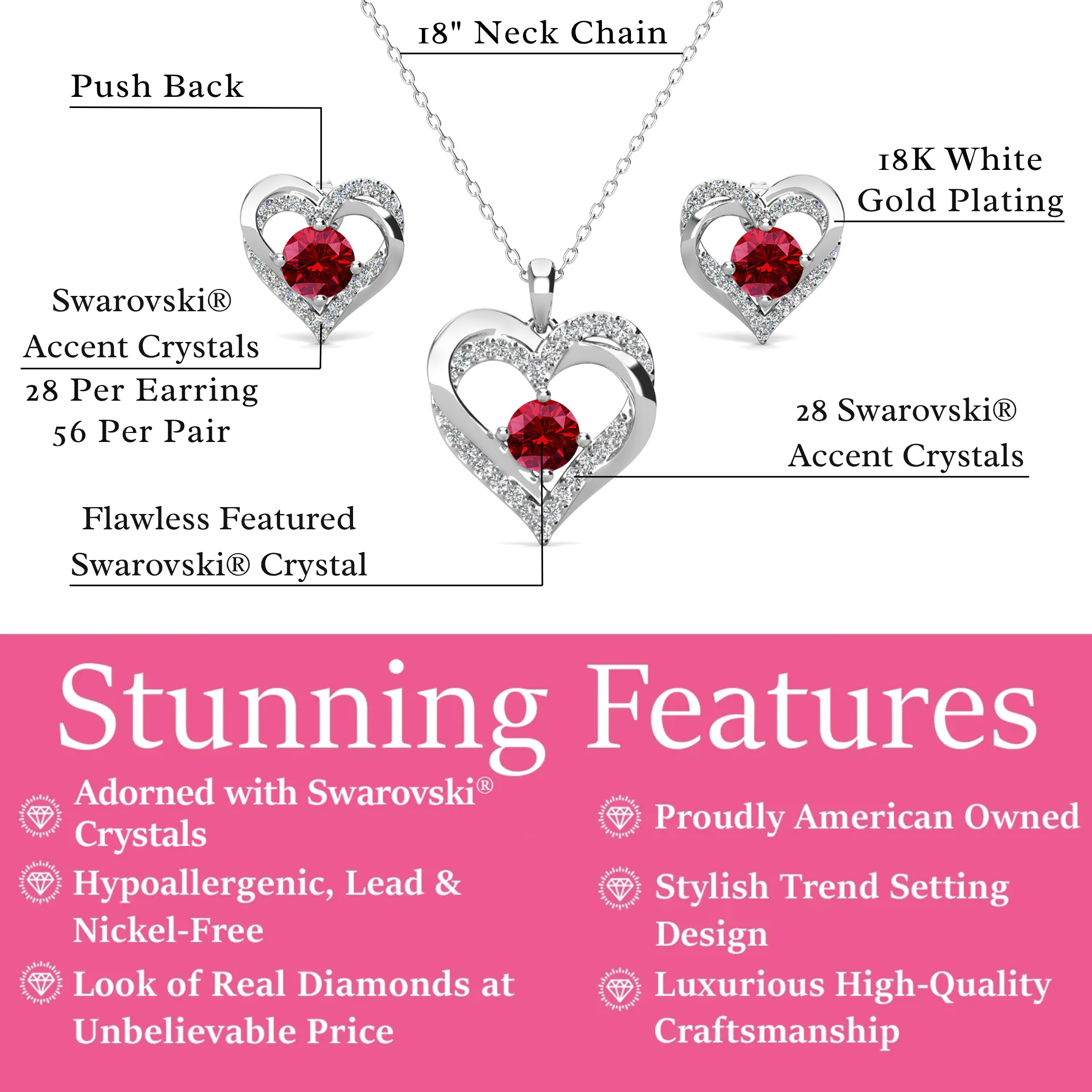 Forever Birthstone 18k White Gold Plated Silver Double Heart Earrings and Necklace Set with Swarovski Crystals