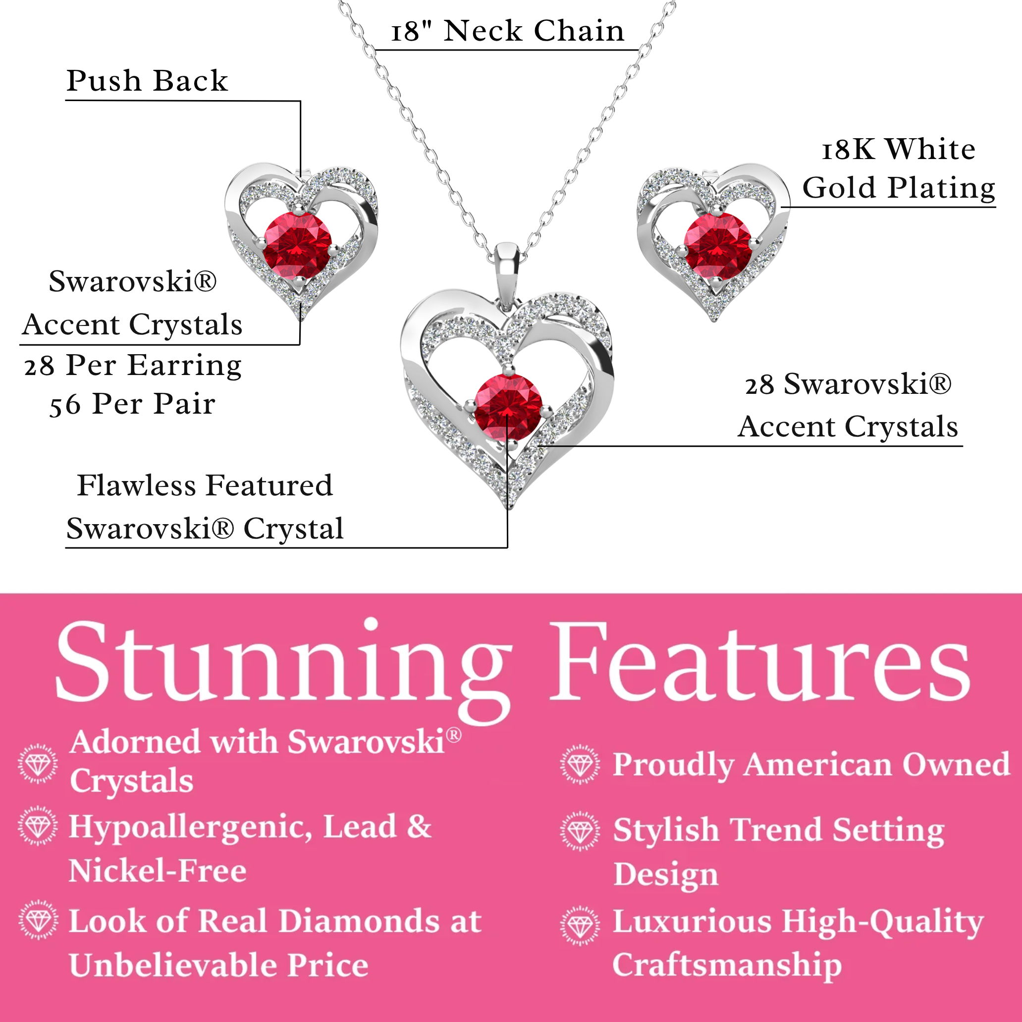Forever Birthstone 18k White Gold Plated Silver Double Heart Earrings and Necklace Set with Swarovski Crystals