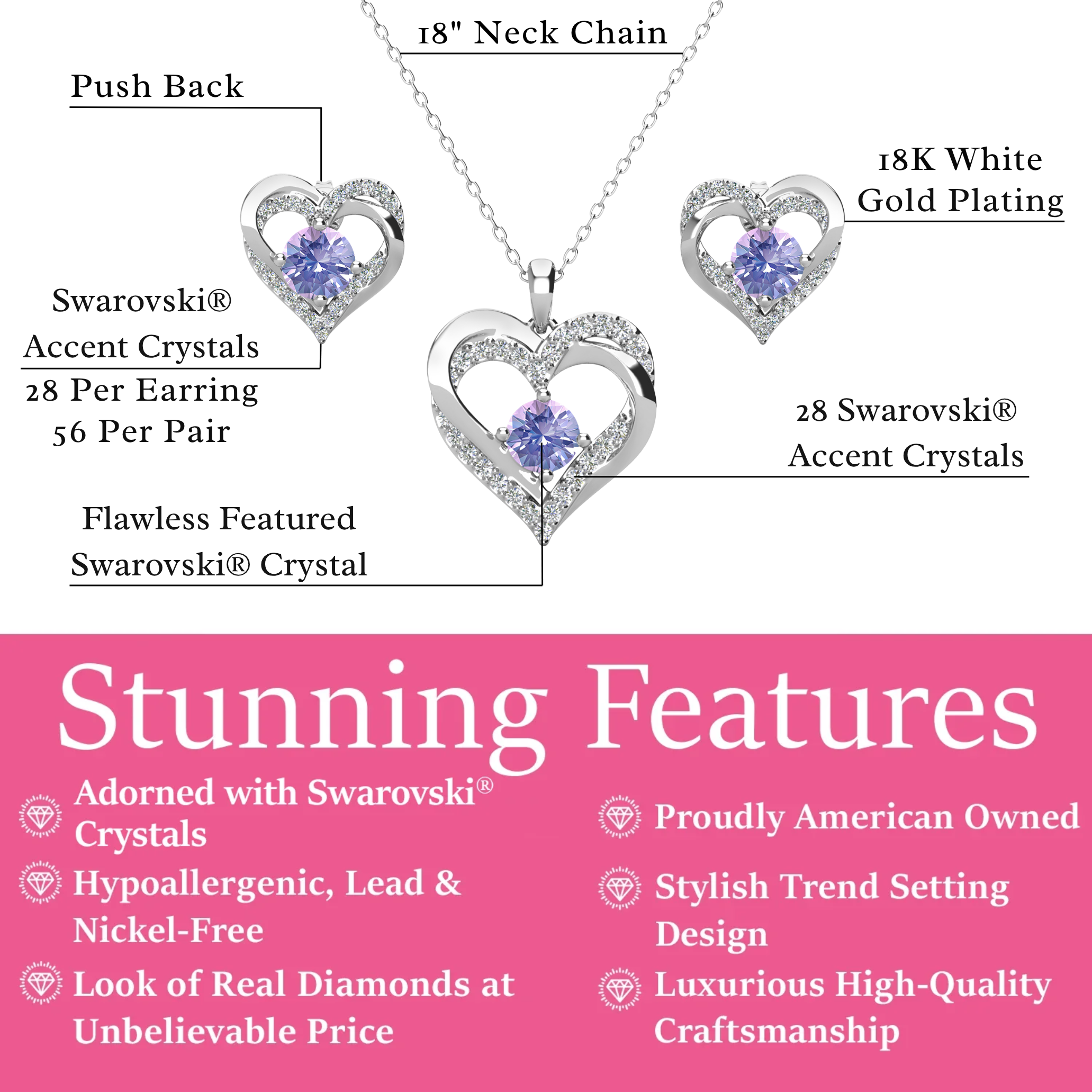 Forever Birthstone 18k White Gold Plated Silver Double Heart Earrings and Necklace Set with Swarovski Crystals