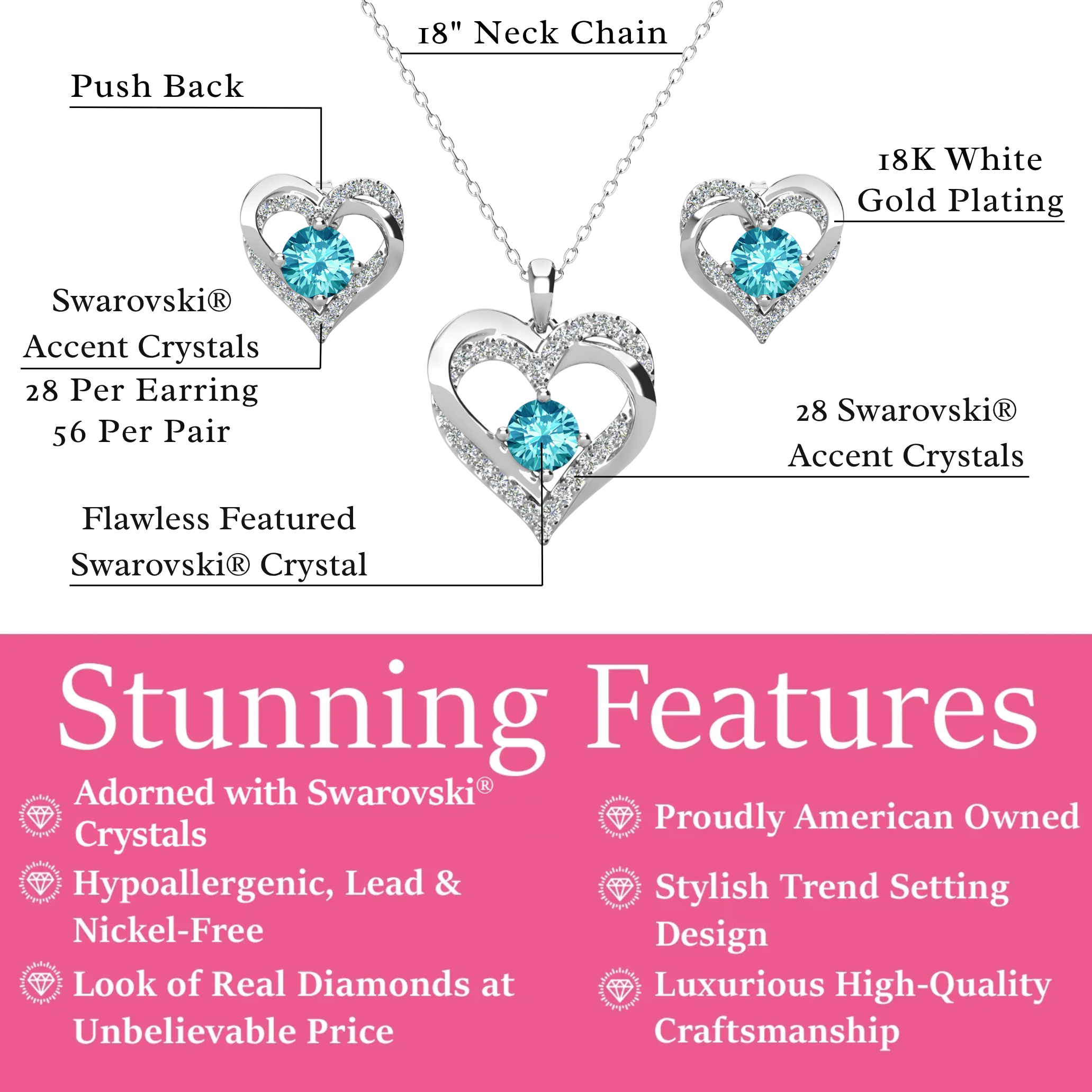 Forever Birthstone 18k White Gold Plated Silver Double Heart Earrings and Necklace Set with Swarovski Crystals