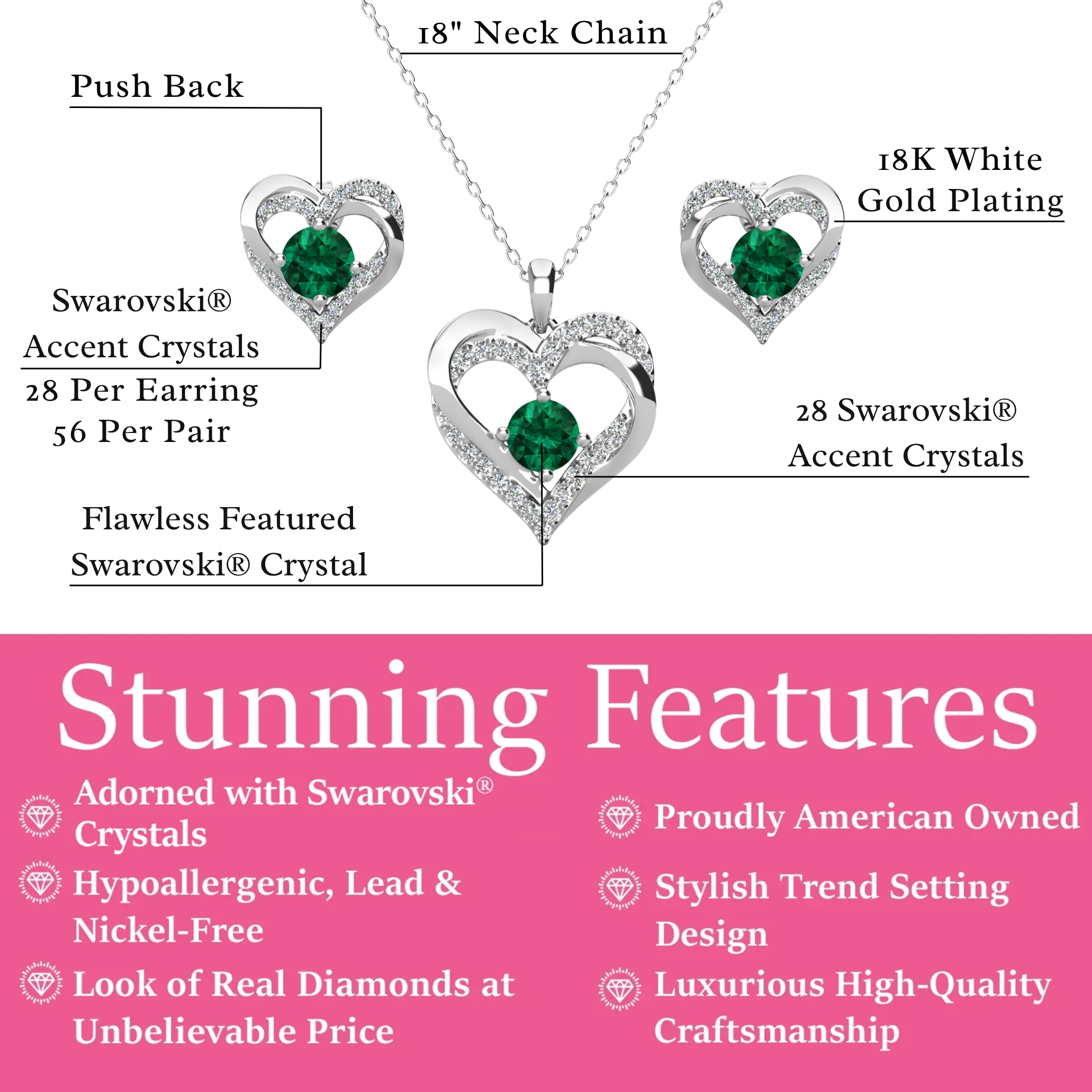 Forever Birthstone 18k White Gold Plated Silver Double Heart Earrings and Necklace Set with Swarovski Crystals