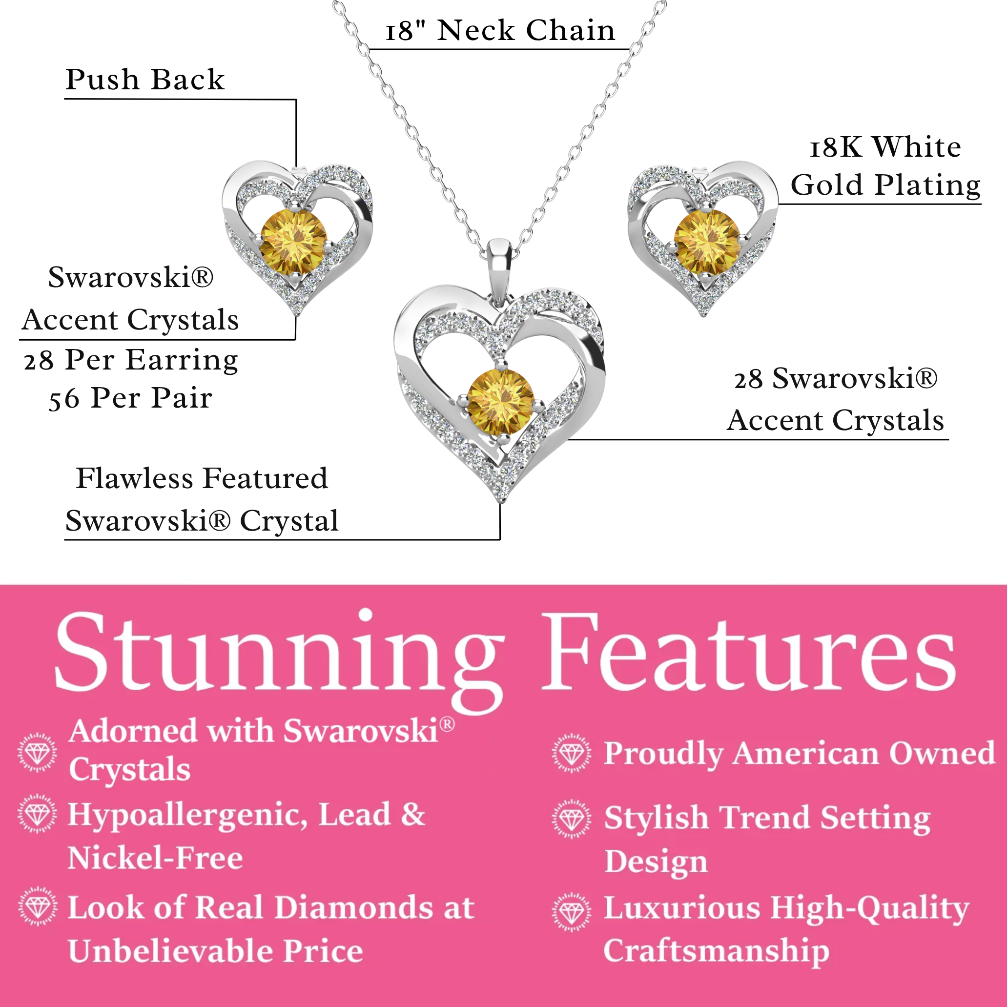 Forever Birthstone 18k White Gold Plated Silver Double Heart Earrings and Necklace Set with Swarovski Crystals