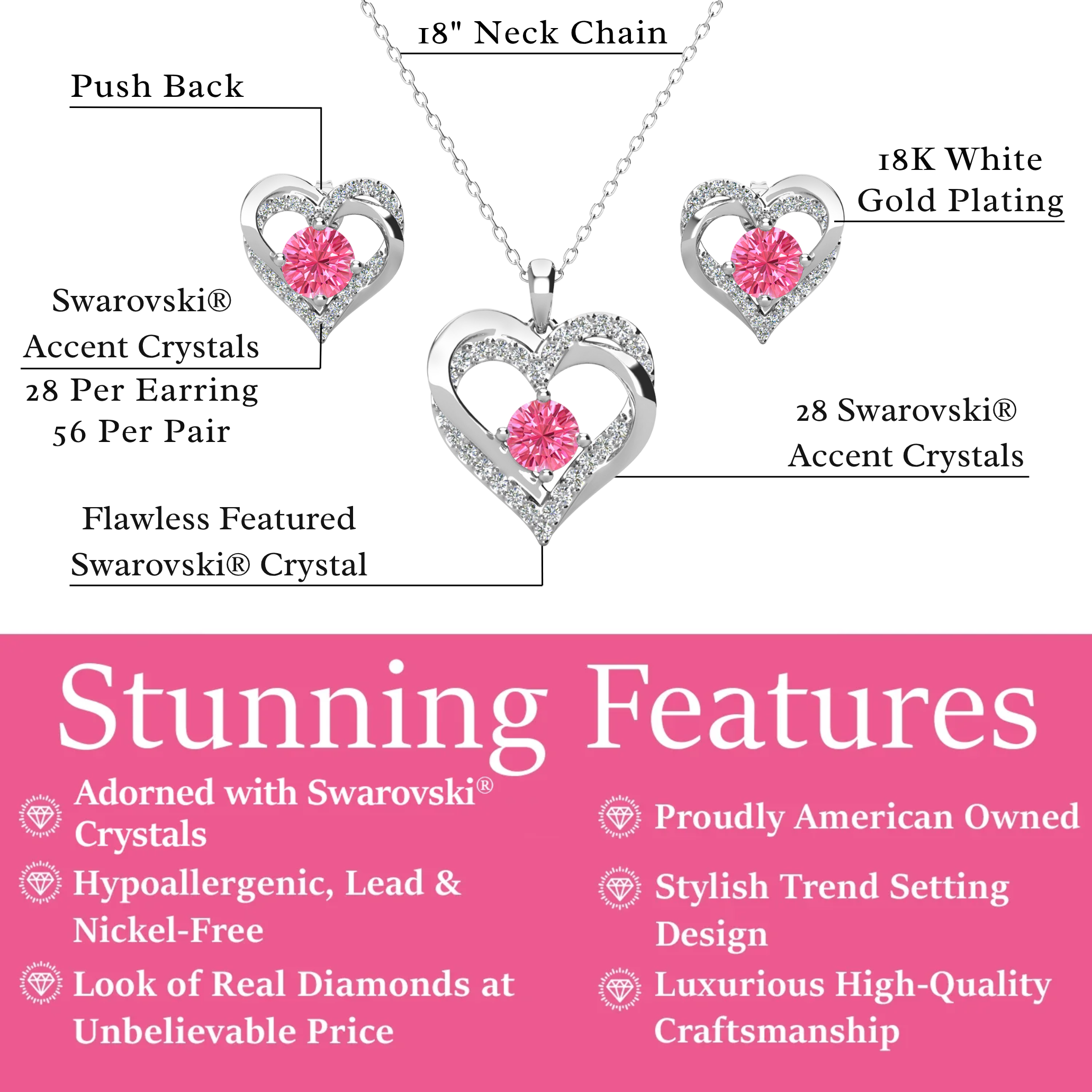 Forever Birthstone 18k White Gold Plated Silver Double Heart Earrings and Necklace Set with Swarovski Crystals
