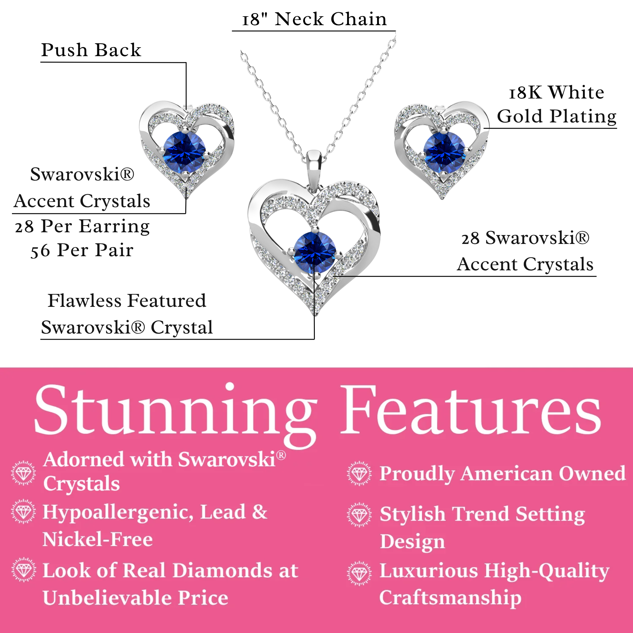 Forever Birthstone 18k White Gold Plated Silver Double Heart Earrings and Necklace Set with Swarovski Crystals