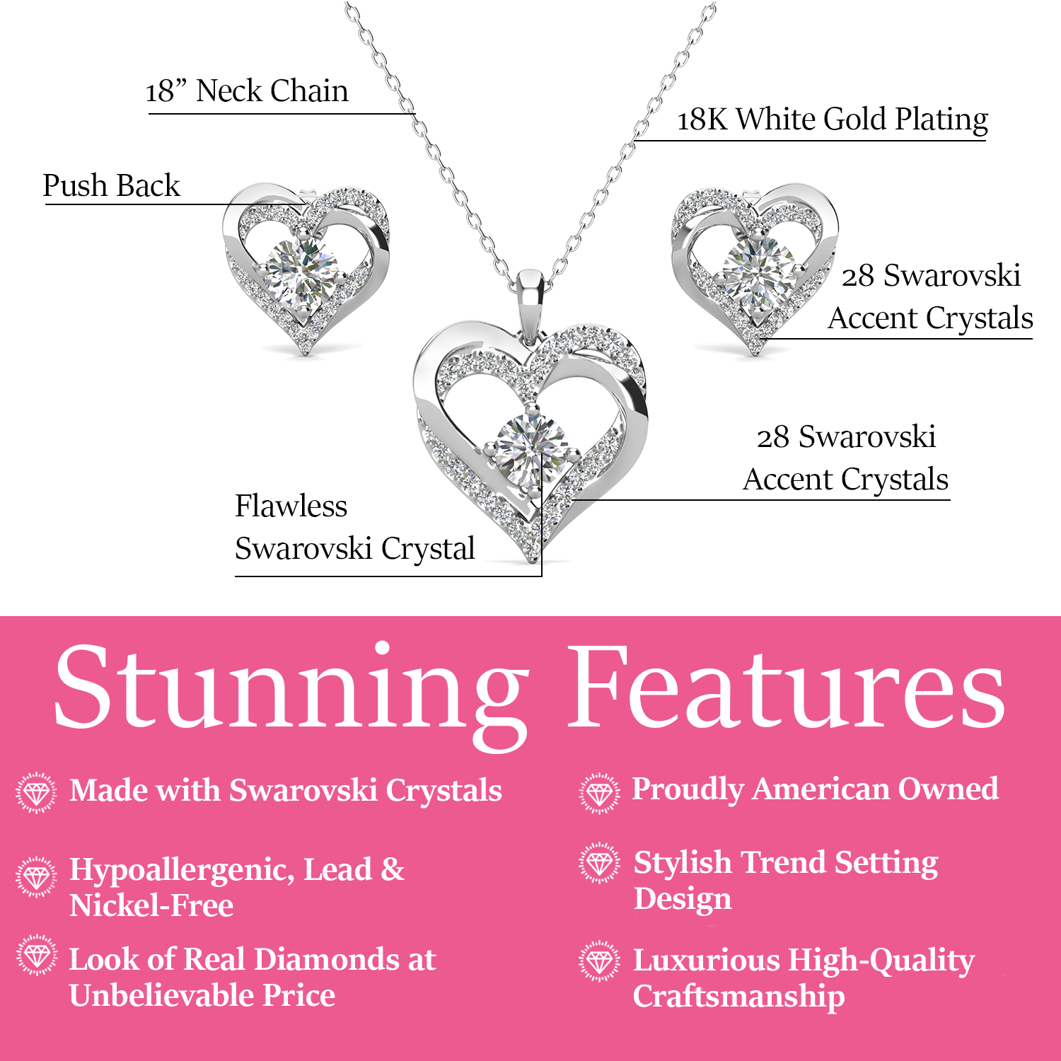 Forever Birthstone 18k White Gold Plated Silver Double Heart Earrings and Necklace Set with Swarovski Crystals