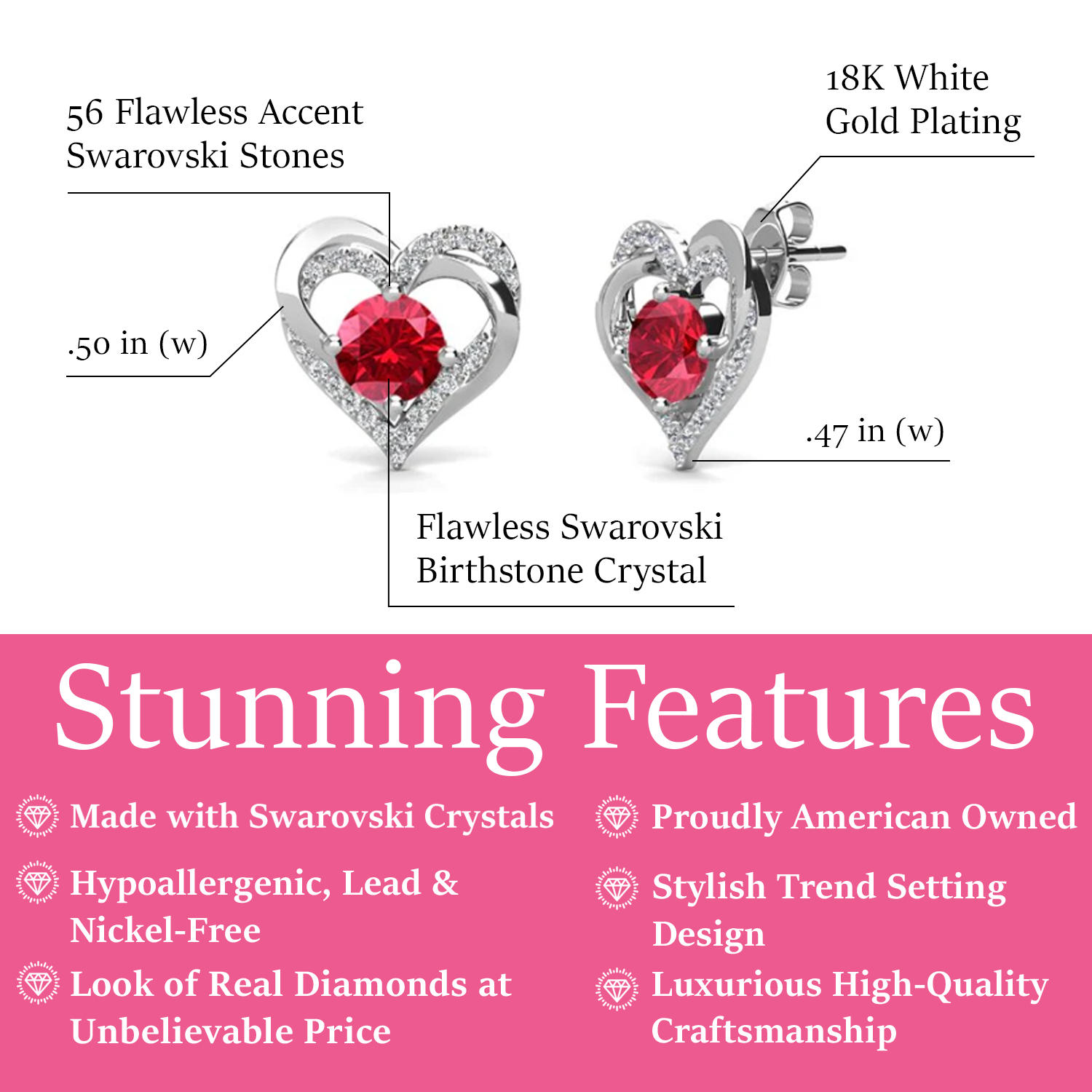 Forever 18k White Gold Plated Birthstone Double Heart Earrings with Crystals