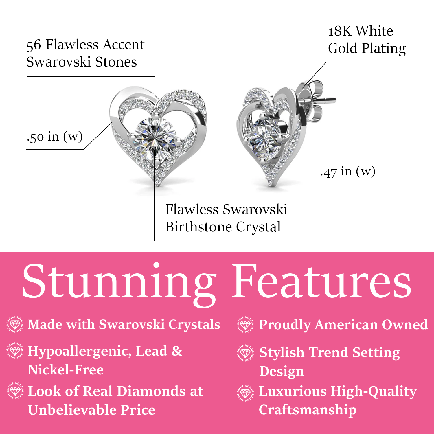 Forever Birthstone 18k White Gold Plated Silver Double Heart Earrings with Swarovski Crystals