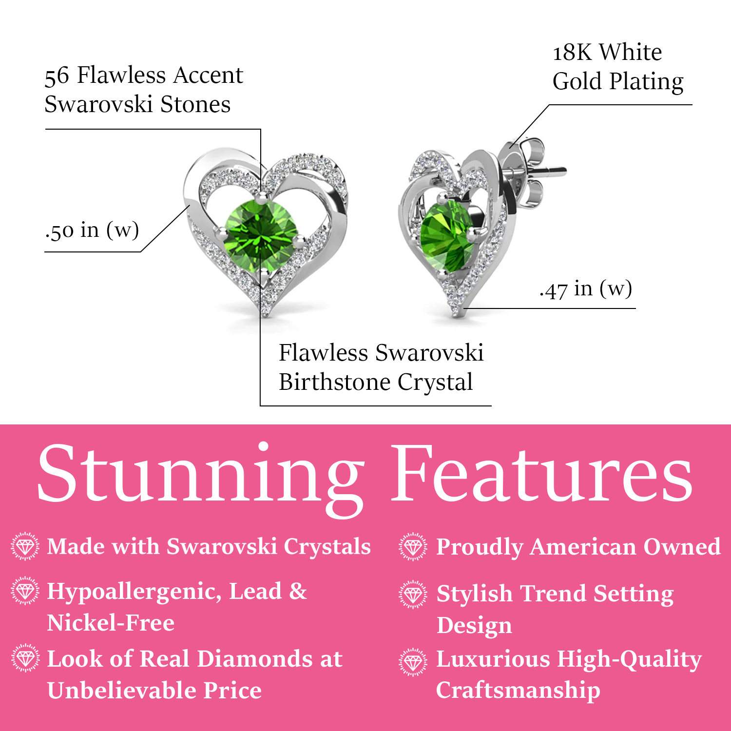 Forever August Birthstone Diamond 18k White Gold Plated Silver Double Heart Earrings with Swarovski Crystals