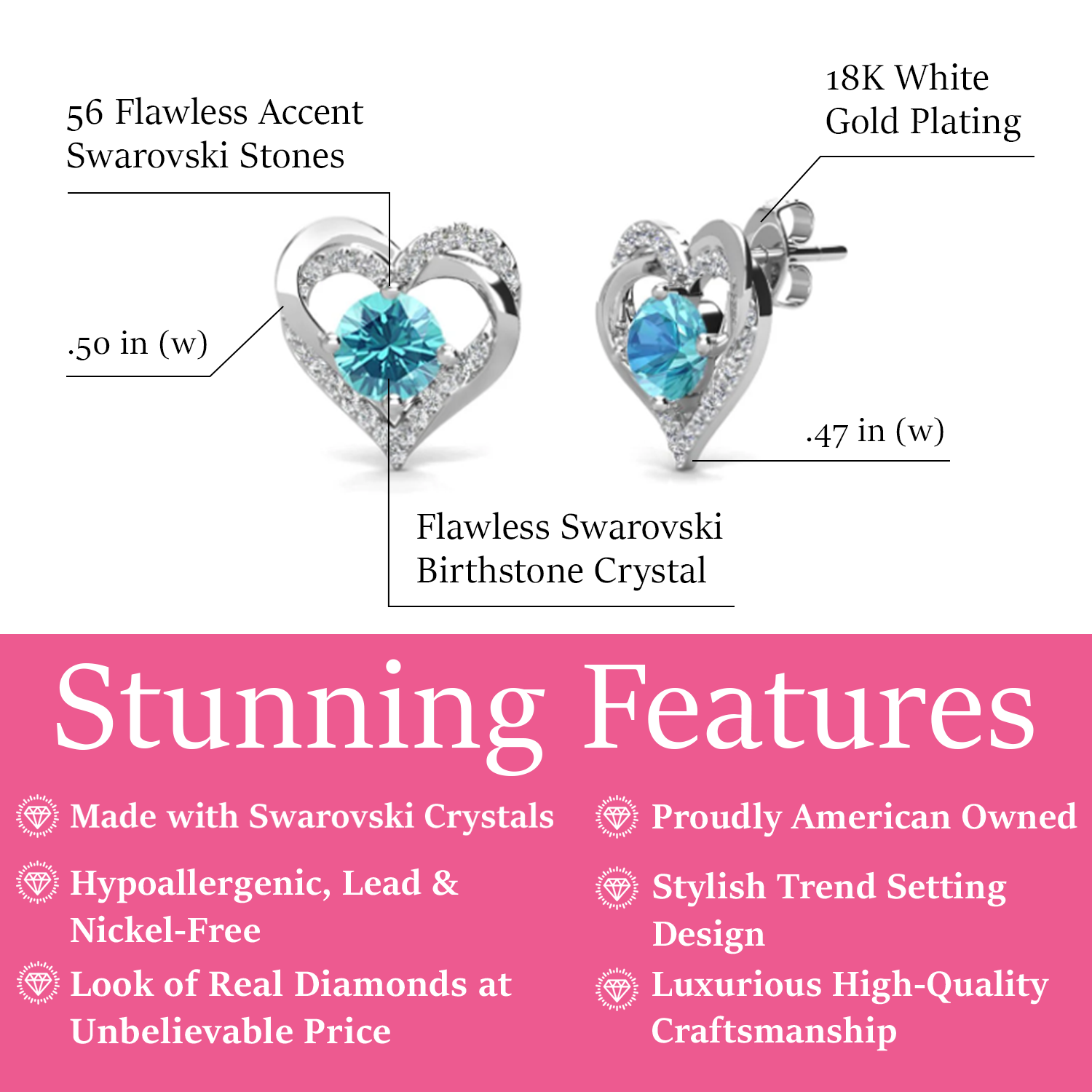 Forever March Birthstone Diamond 18k White Gold Plated Silver Double Heart Earrings with Swarovski Crystals