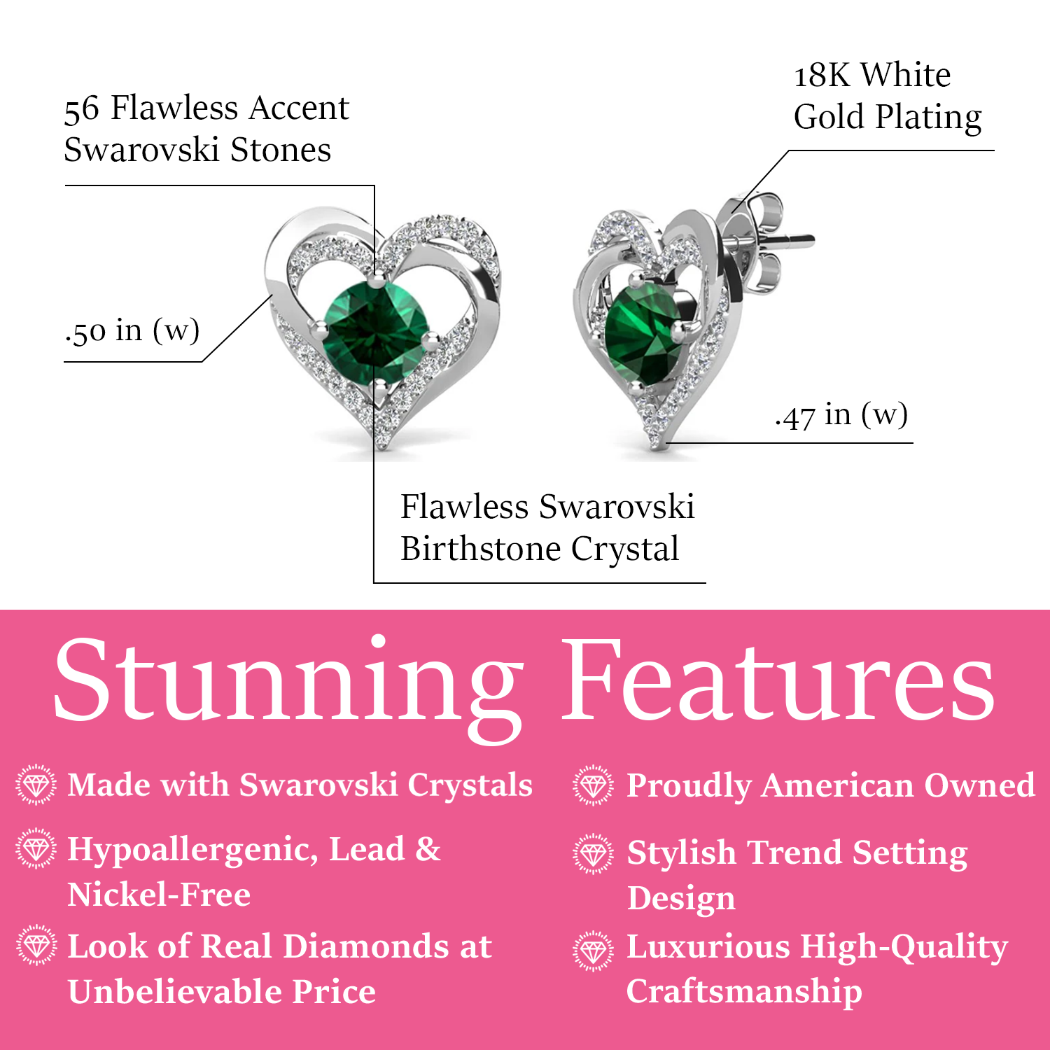 Forever May Birthstone Diamond 18k White Gold Plated Silver Double Heart Earrings with Swarovski Crystals