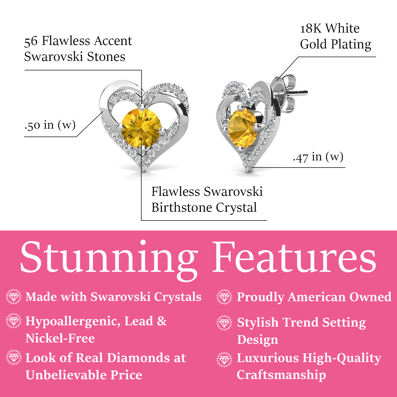 Forever Birthstone 18k White Gold Plated Silver Double Heart Earrings with Swarovski Crystals