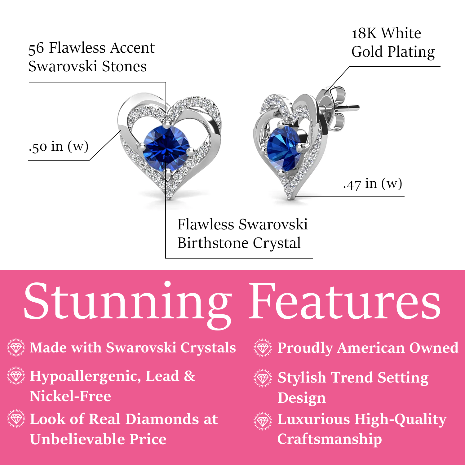 Forever September Birthstone Diamond 18k White Gold Plated Silver Double Heart Earrings with Swarovski Crystals