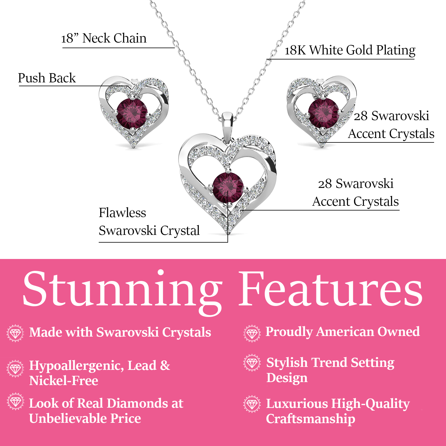 Forever Birthstone 18k White Gold Plated Silver Double Heart Earrings and Necklace Set with Swarovski Crystals