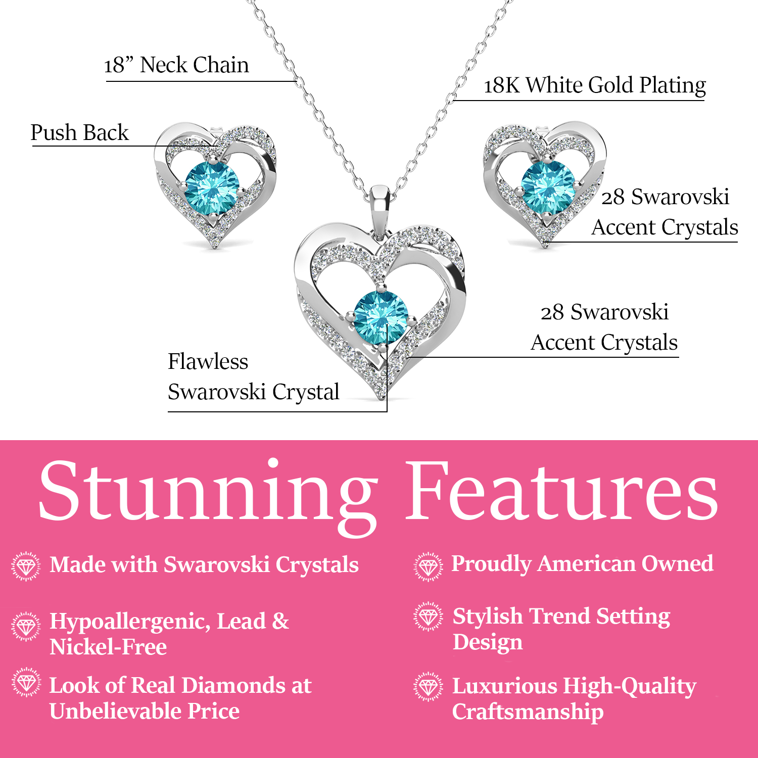 Forever Birthstone 18k White Gold Plated Silver Double Heart Earrings and Necklace Set with Swarovski Crystals