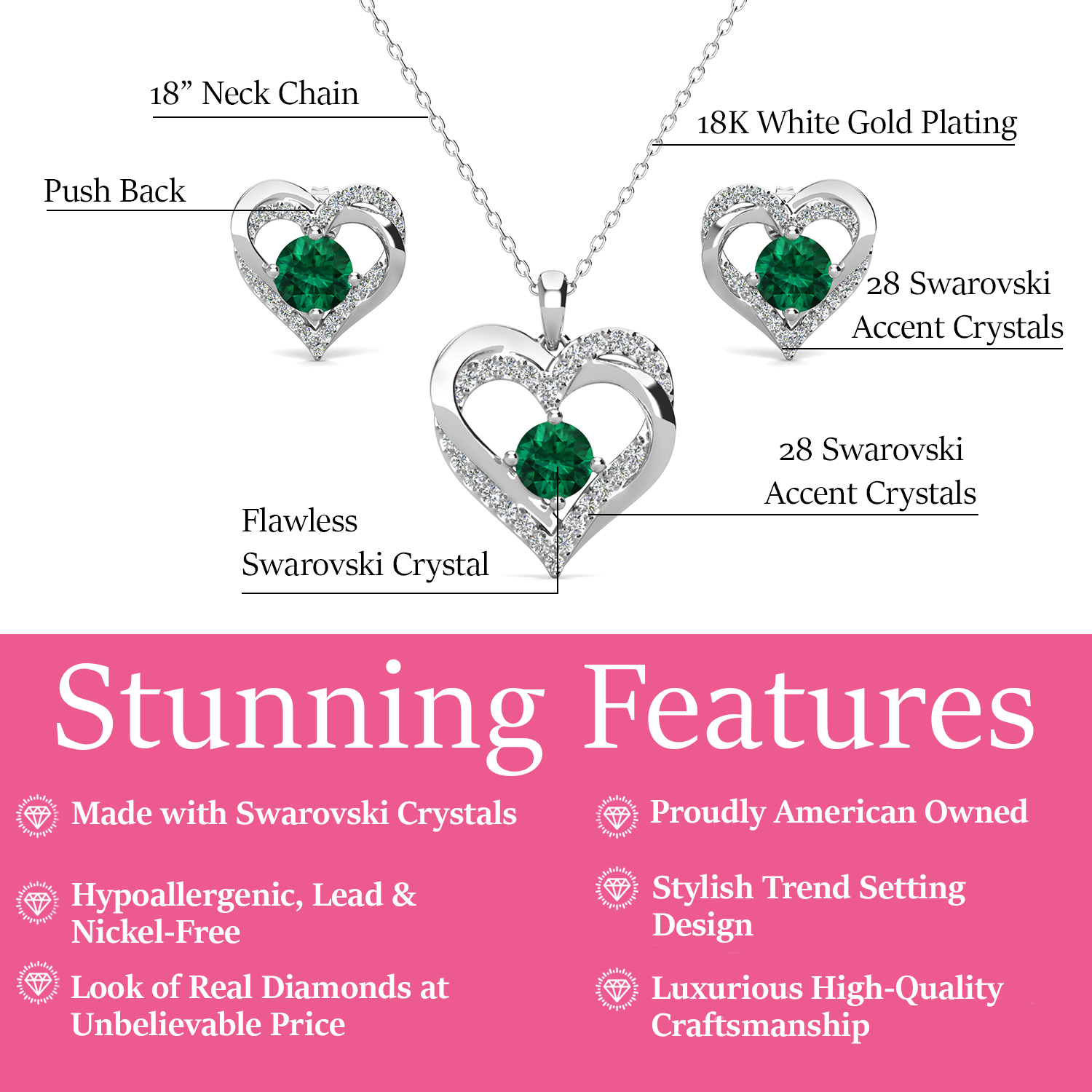 Forever Birthstone 18k White Gold Plated Silver Double Heart Earrings and Necklace Set with Swarovski Crystals