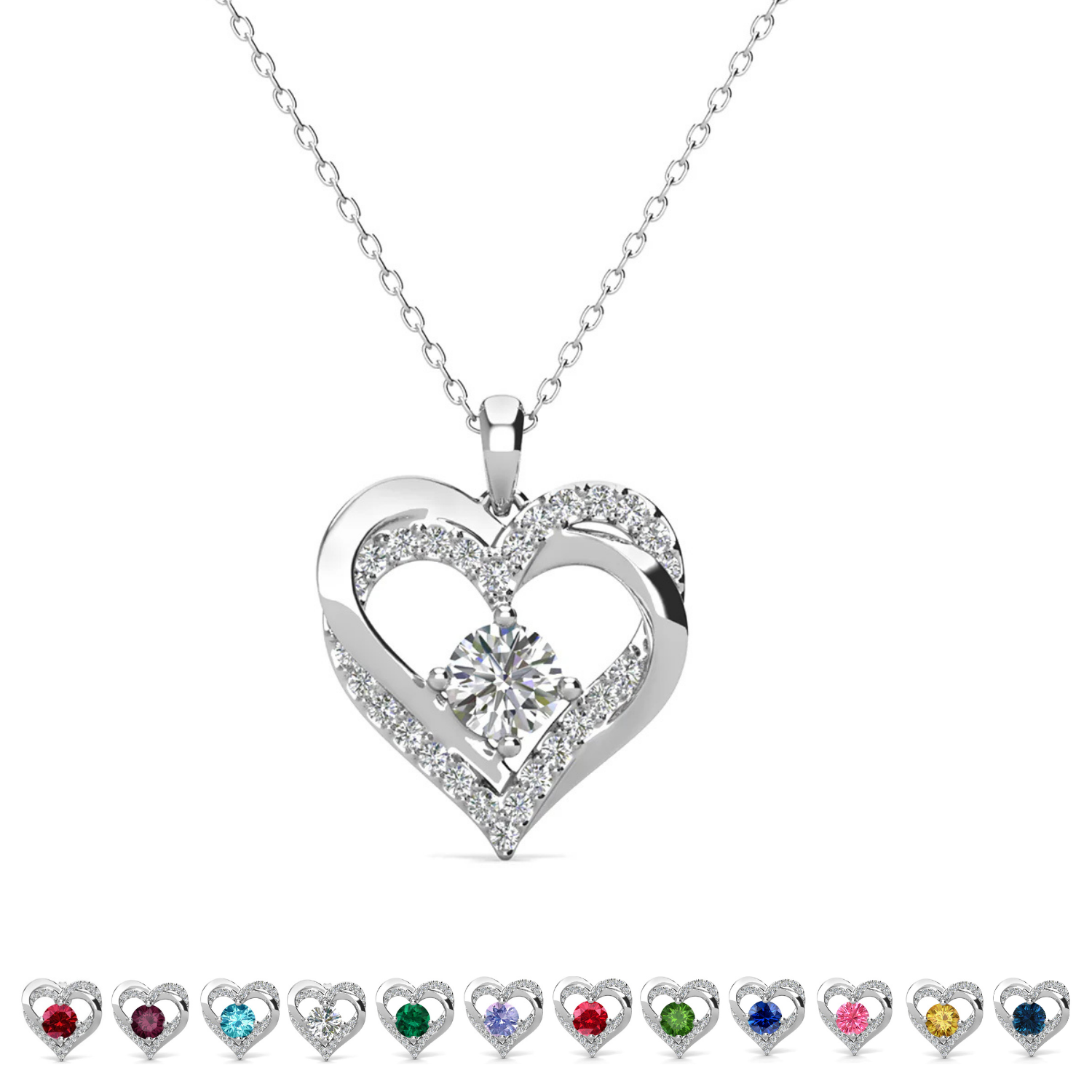Forever Birthstone 18k White Gold Plated Double Heart Necklace with Swarovski Crystals