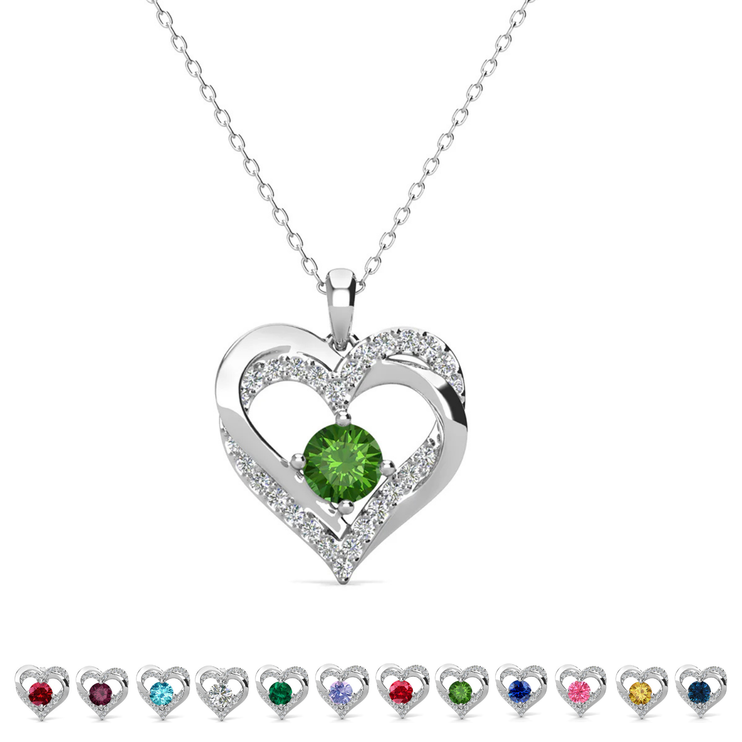 Forever Birthstone 18k White Gold Plated Double Heart Necklace with Swarovski Crystals