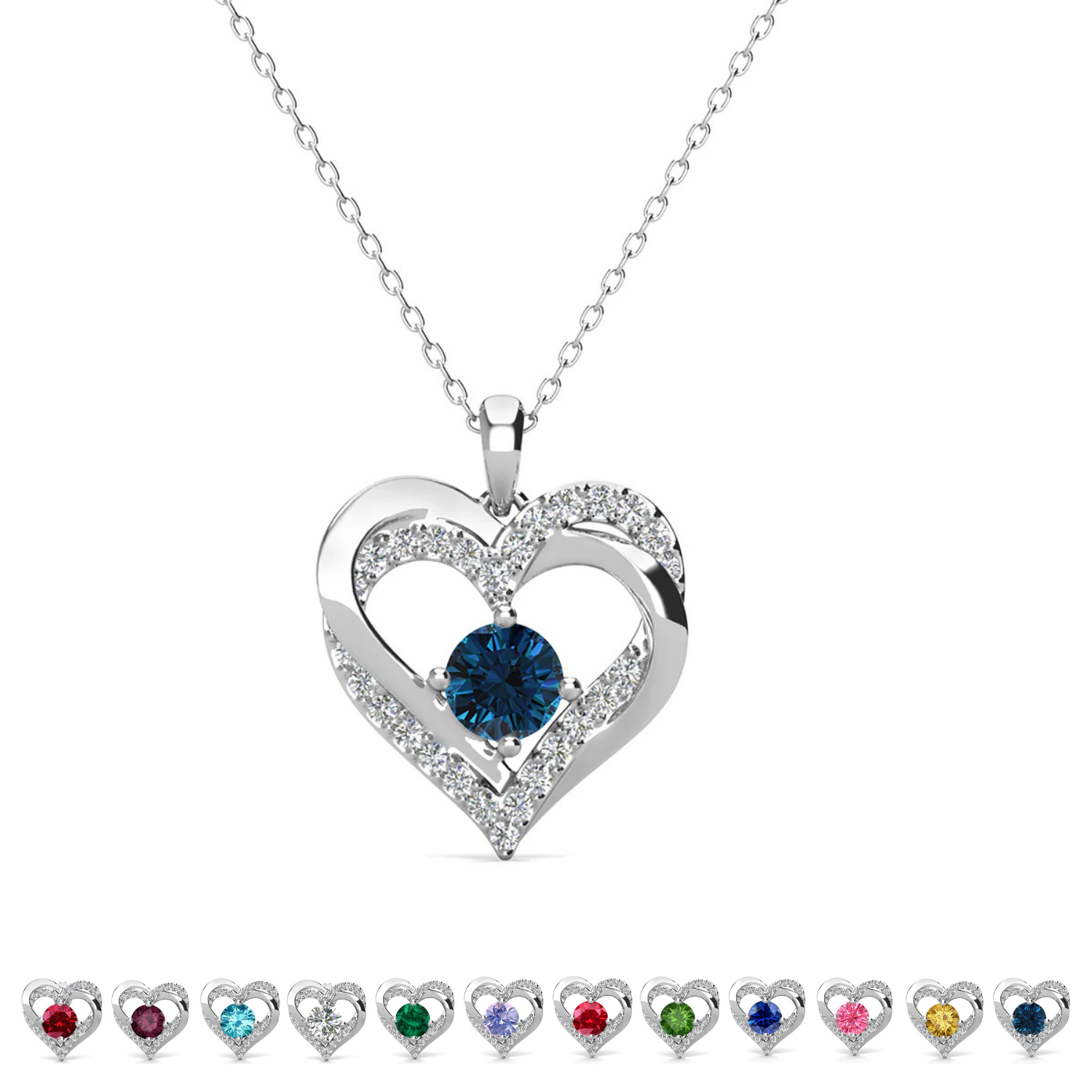 Forever Birthstone 18k White Gold Plated Double Heart Necklace with Swarovski Crystals