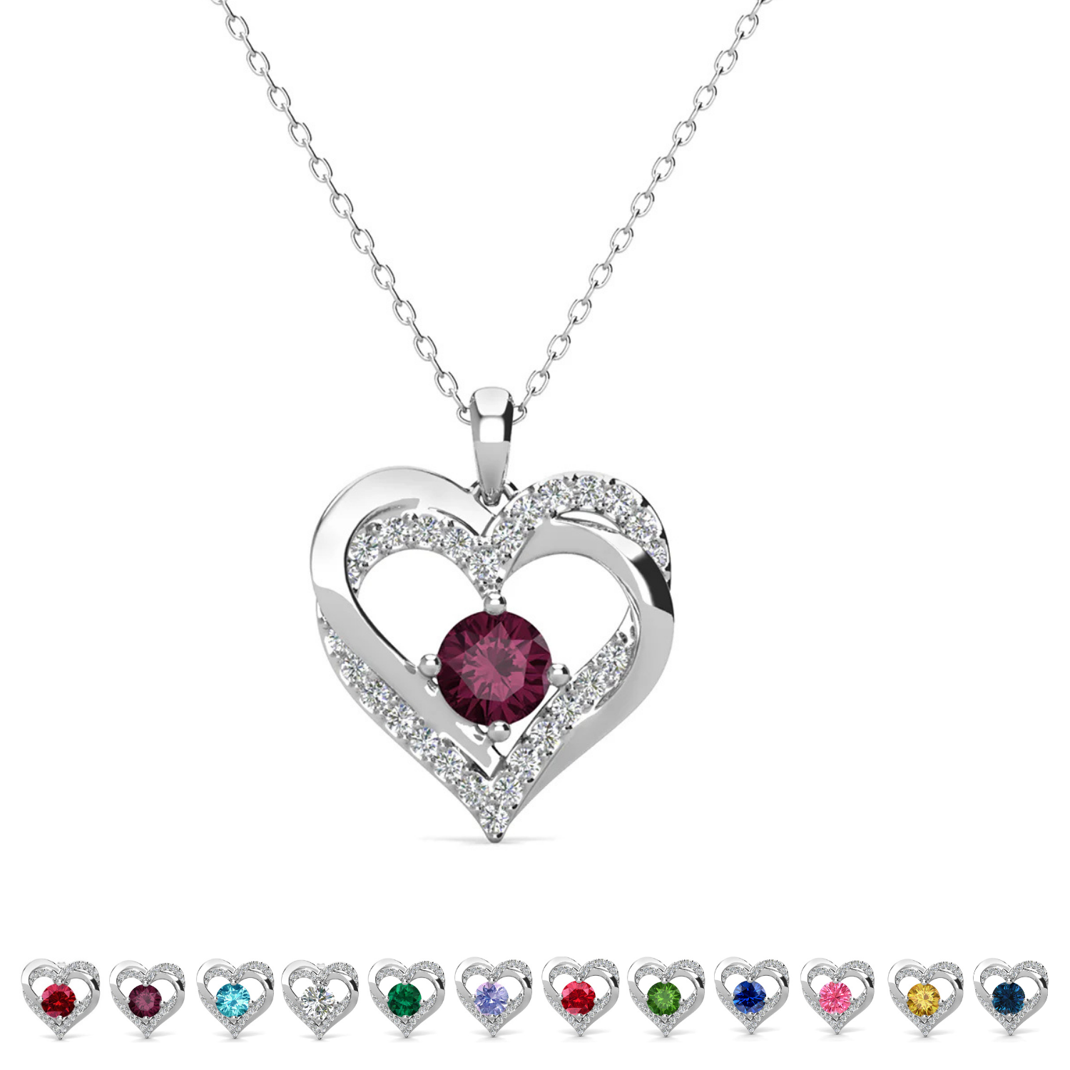 Forever Birthstone 18k White Gold Plated Double Heart Necklace with Swarovski Crystals