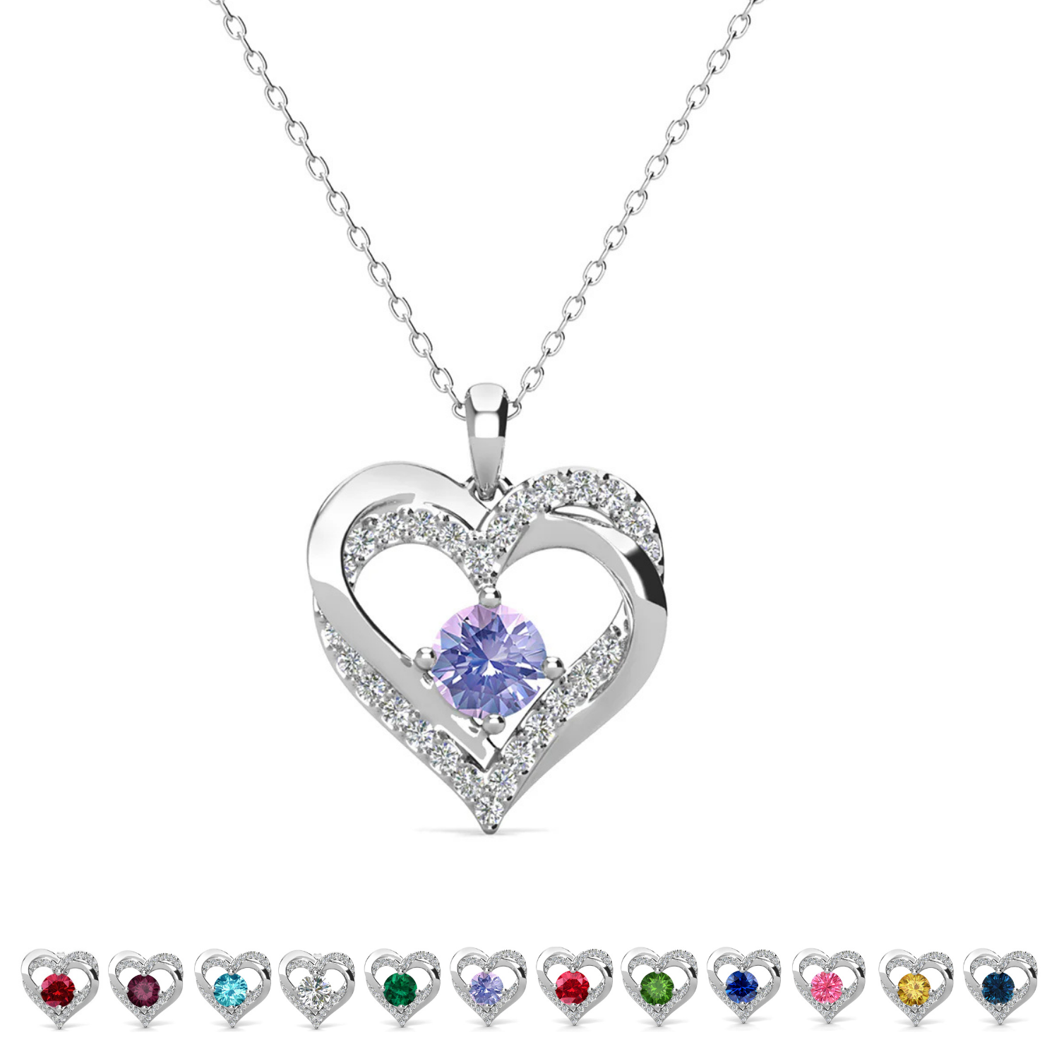 Forever Birthstone 18k White Gold Plated Double Heart Necklace with Swarovski Crystals