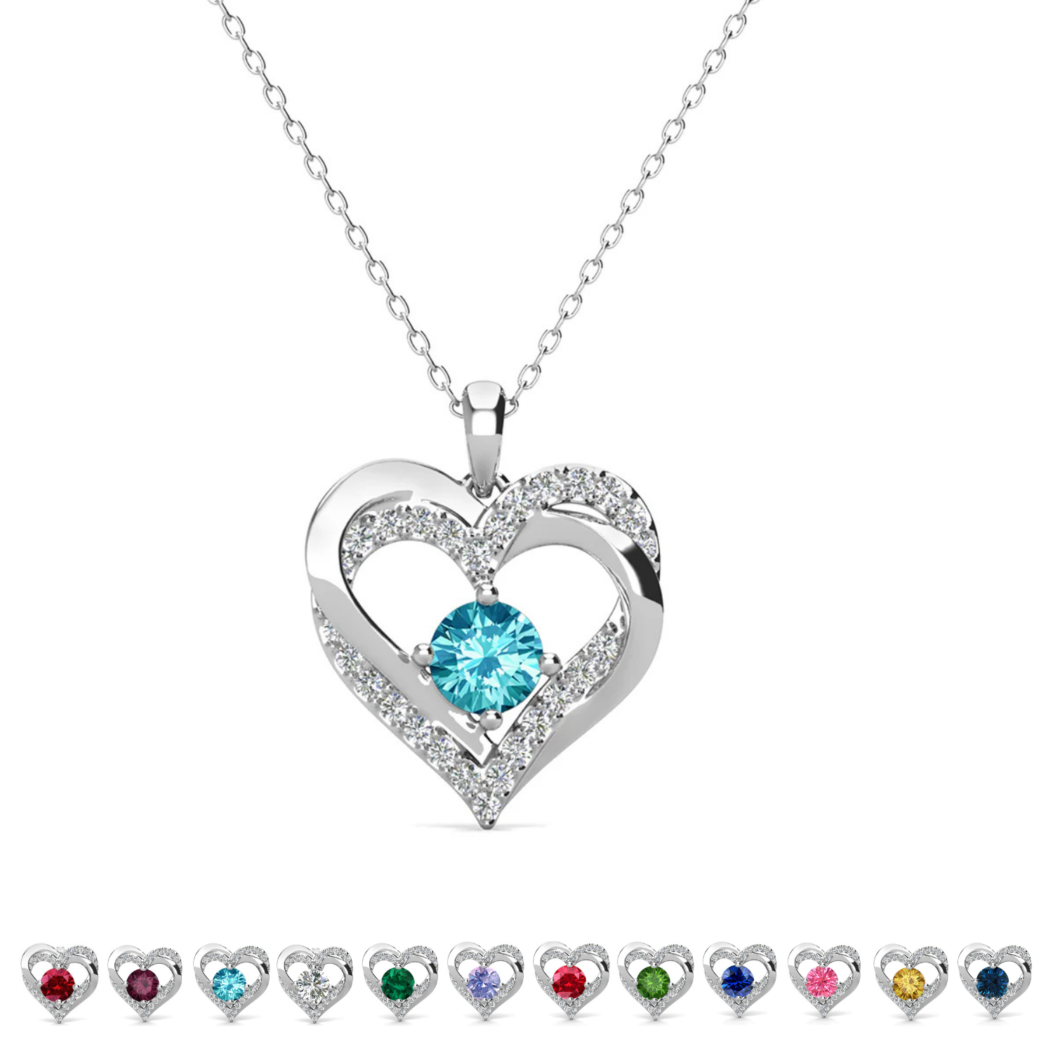 Forever Birthstone 18k White Gold Plated Double Heart Necklace with Swarovski Crystals