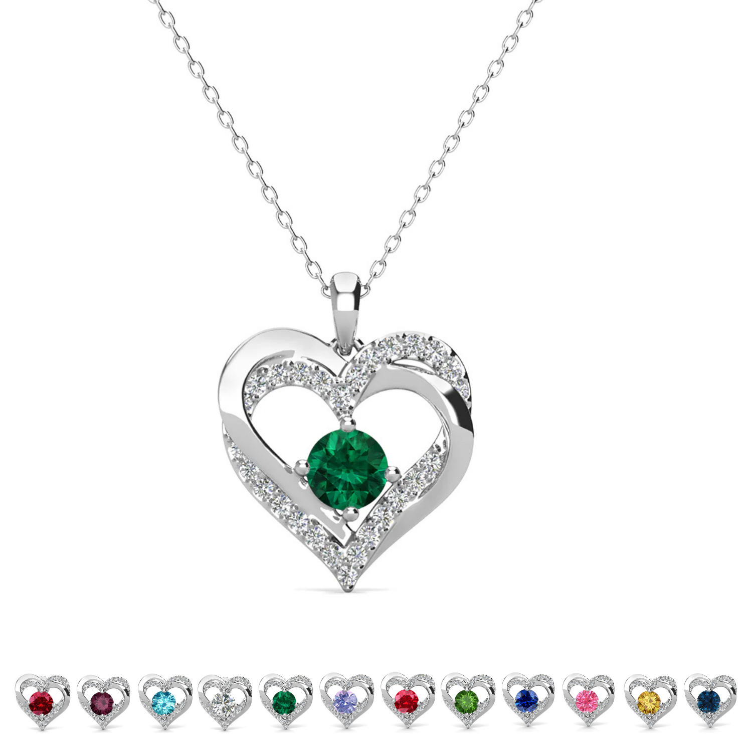 Forever Birthstone 18k White Gold Plated Double Heart Necklace with Swarovski Crystals