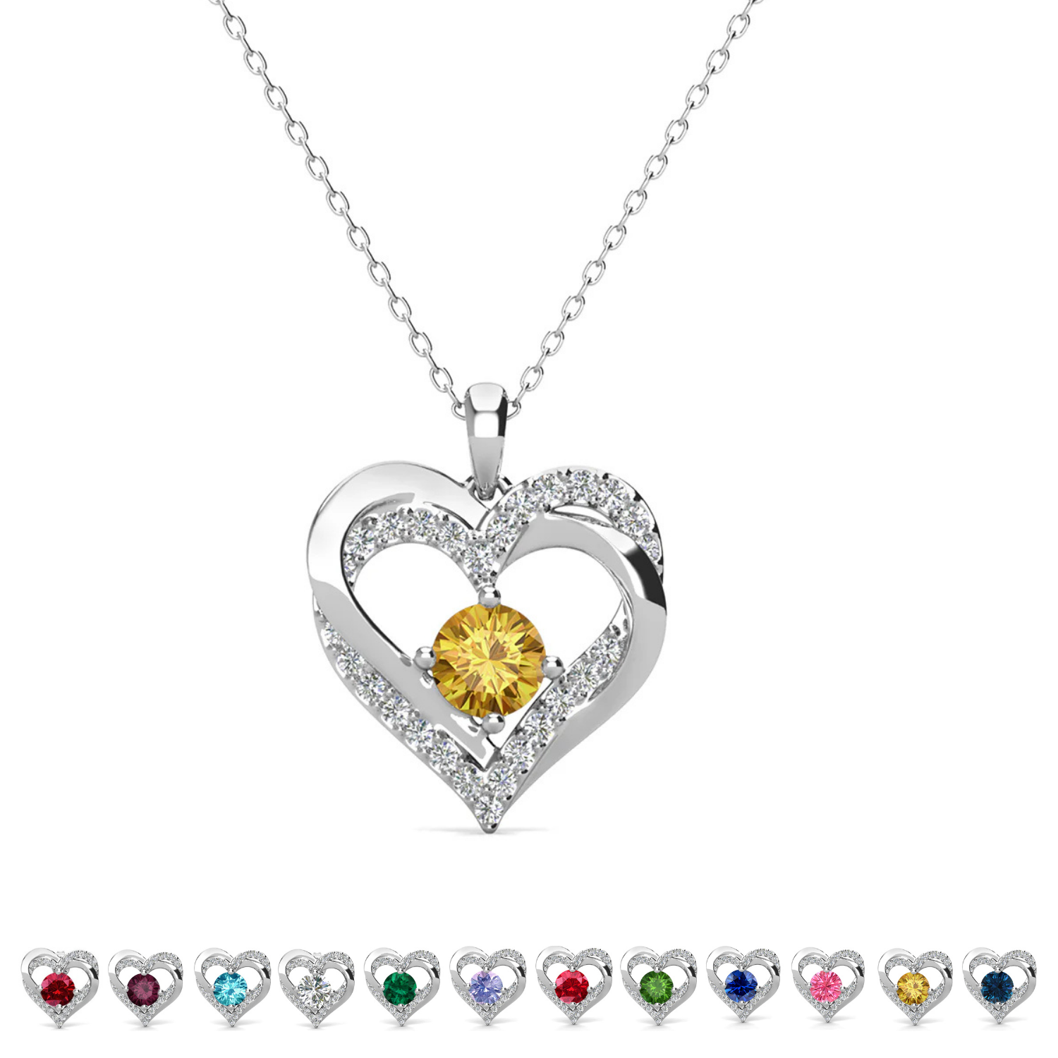 Forever Birthstone 18k White Gold Plated Double Heart Necklace with Swarovski Crystals