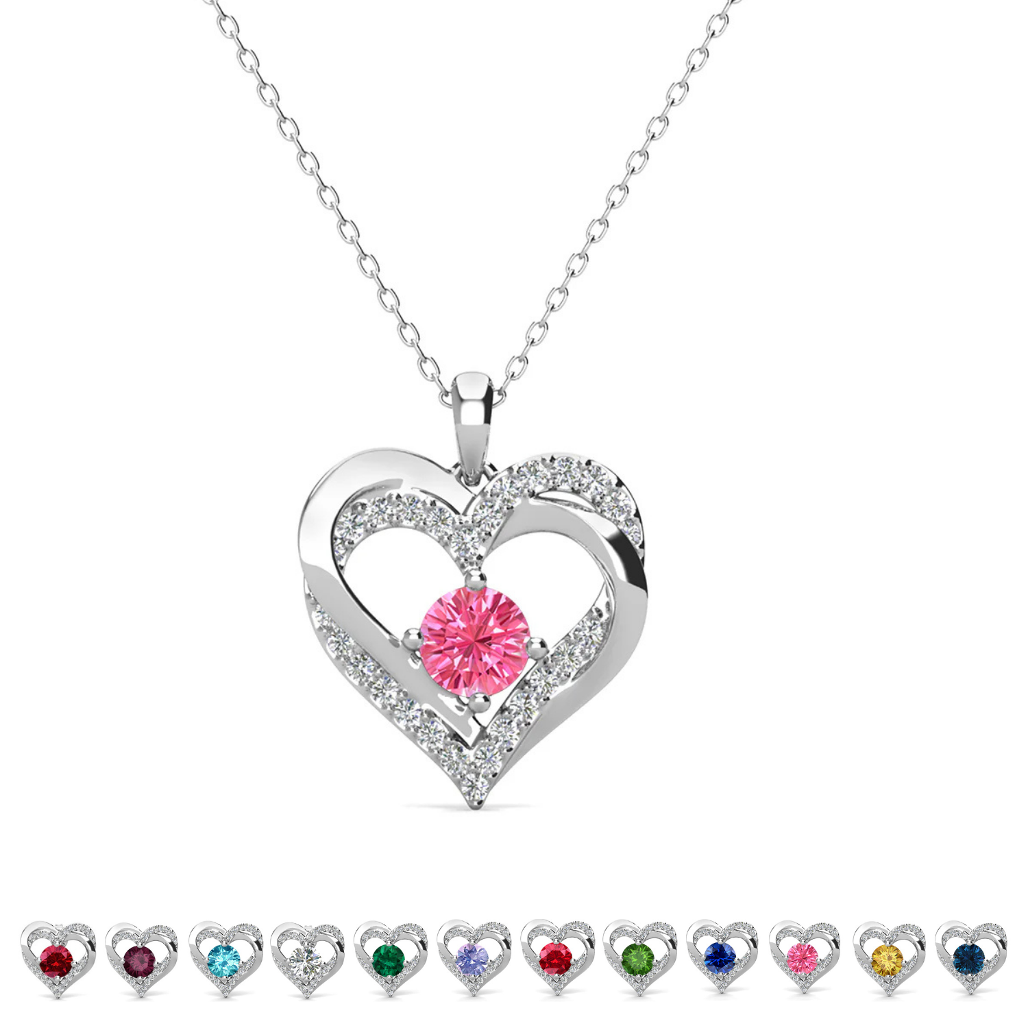 Forever Birthstone 18k White Gold Plated Double Heart Necklace with Swarovski Crystals