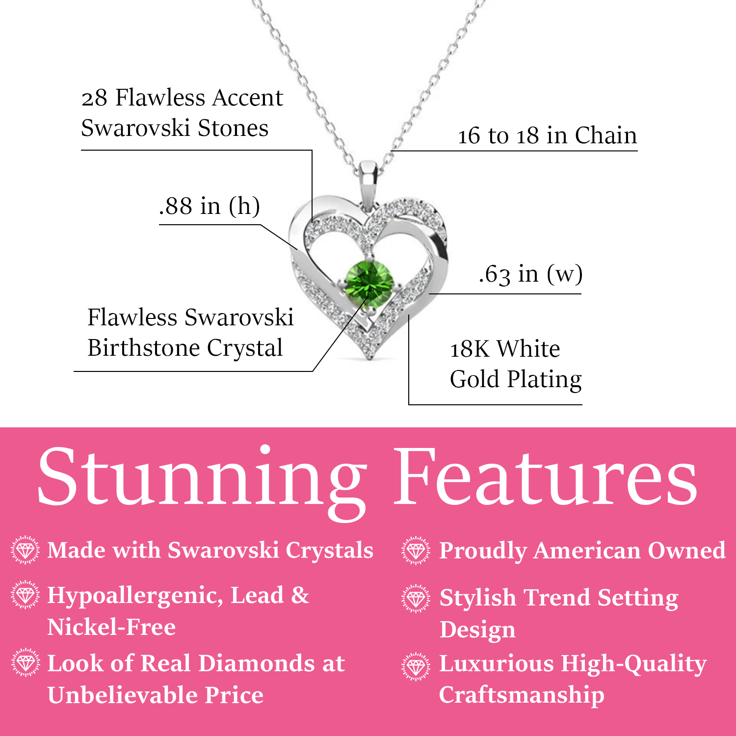 Forever August Birthstone 18k White Gold Plated Silver Double Heart Diamond Necklace with Swarovski Crystals