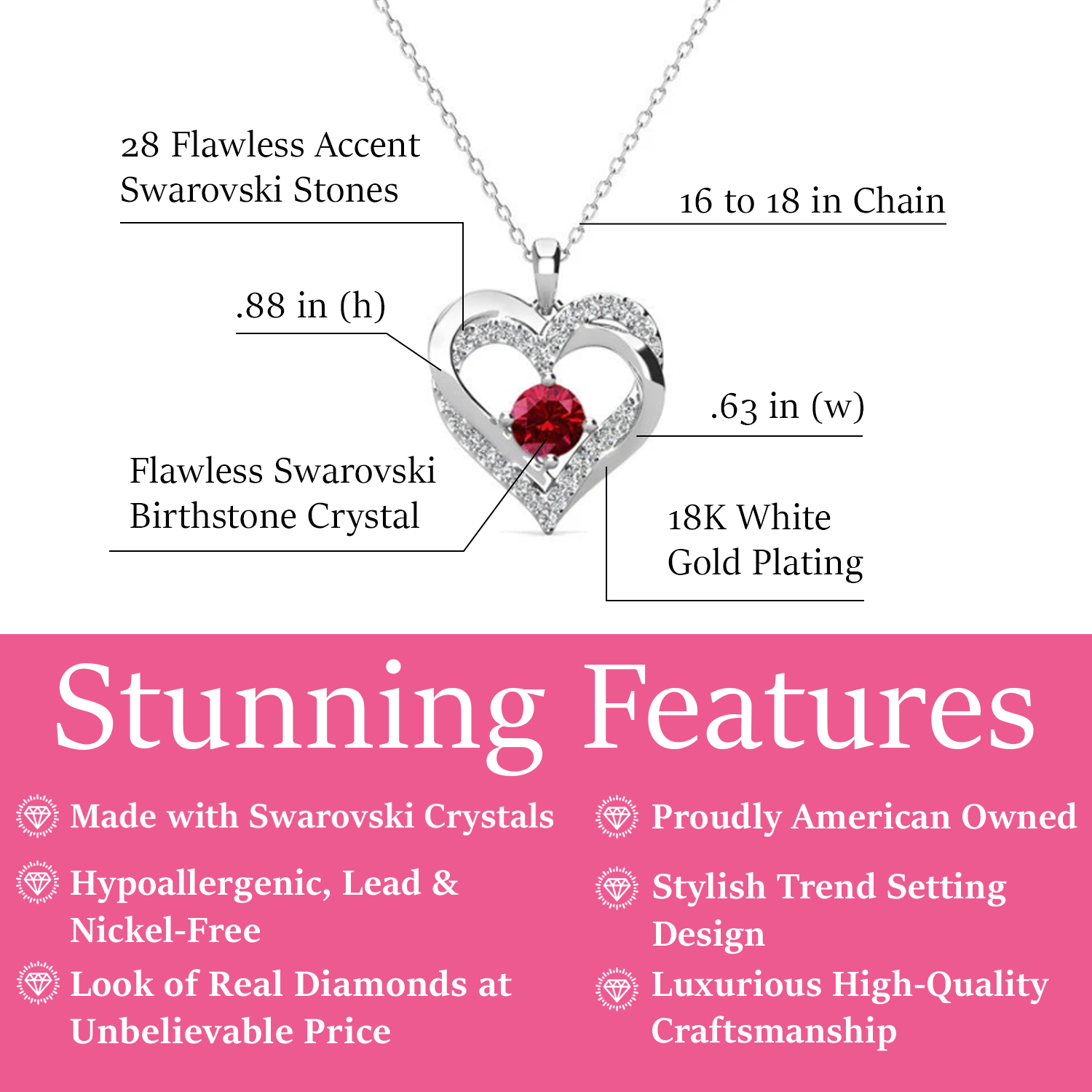 Forever January Birthstone 18k White Gold Plated Silver Double Heart Diamond Necklace with Swarovski Crystals