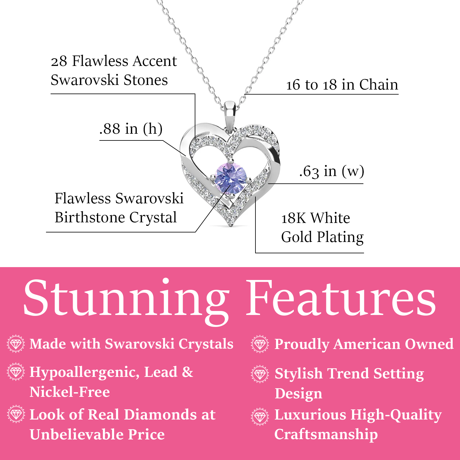 Forever June Birthstone 18k White Gold Plated Silver Double Heart Diamond Necklace with Swarovski Crystals