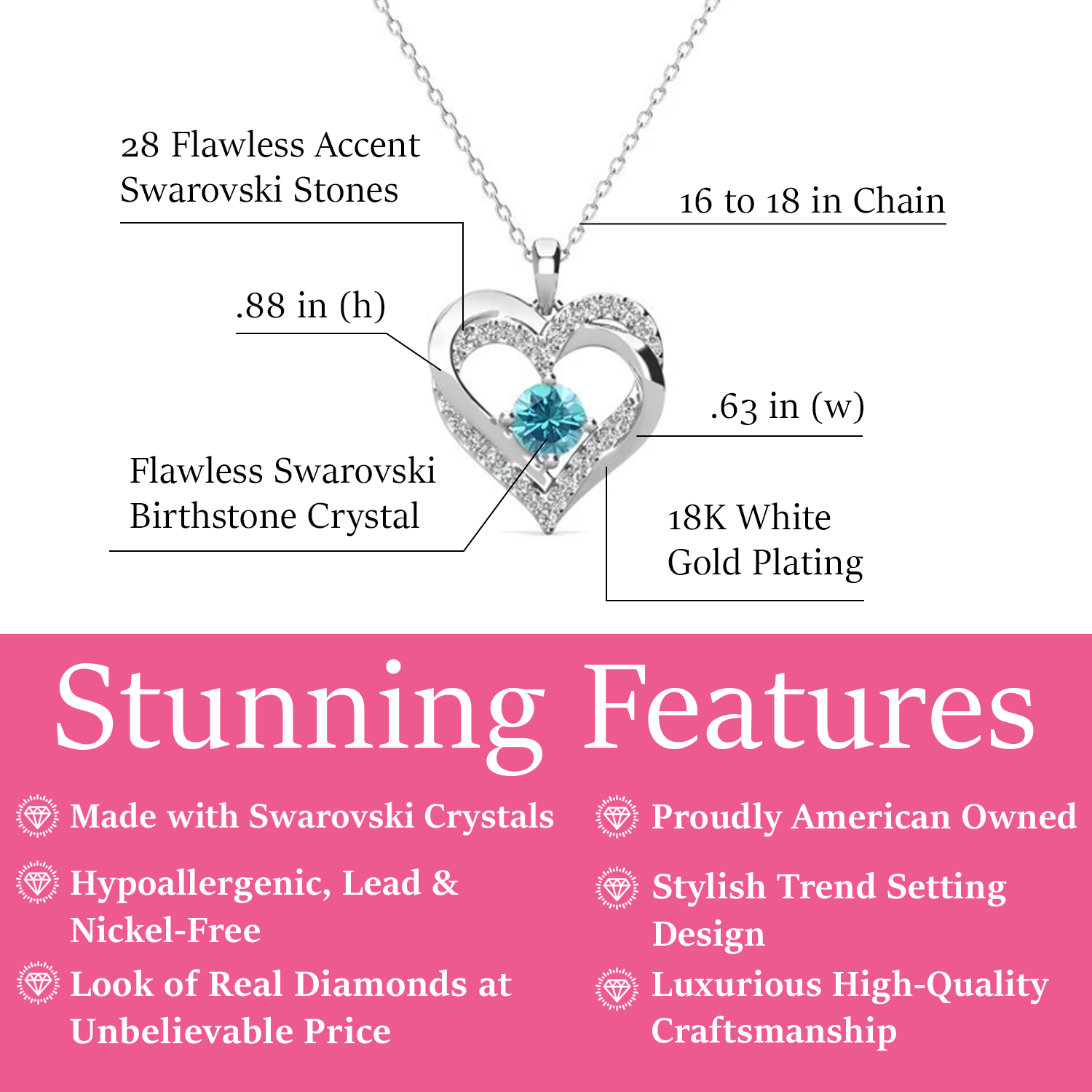 Forever March Birthstone 18k White Gold Plated Silver Double Heart Diamond Necklace with Swarovski Crystals