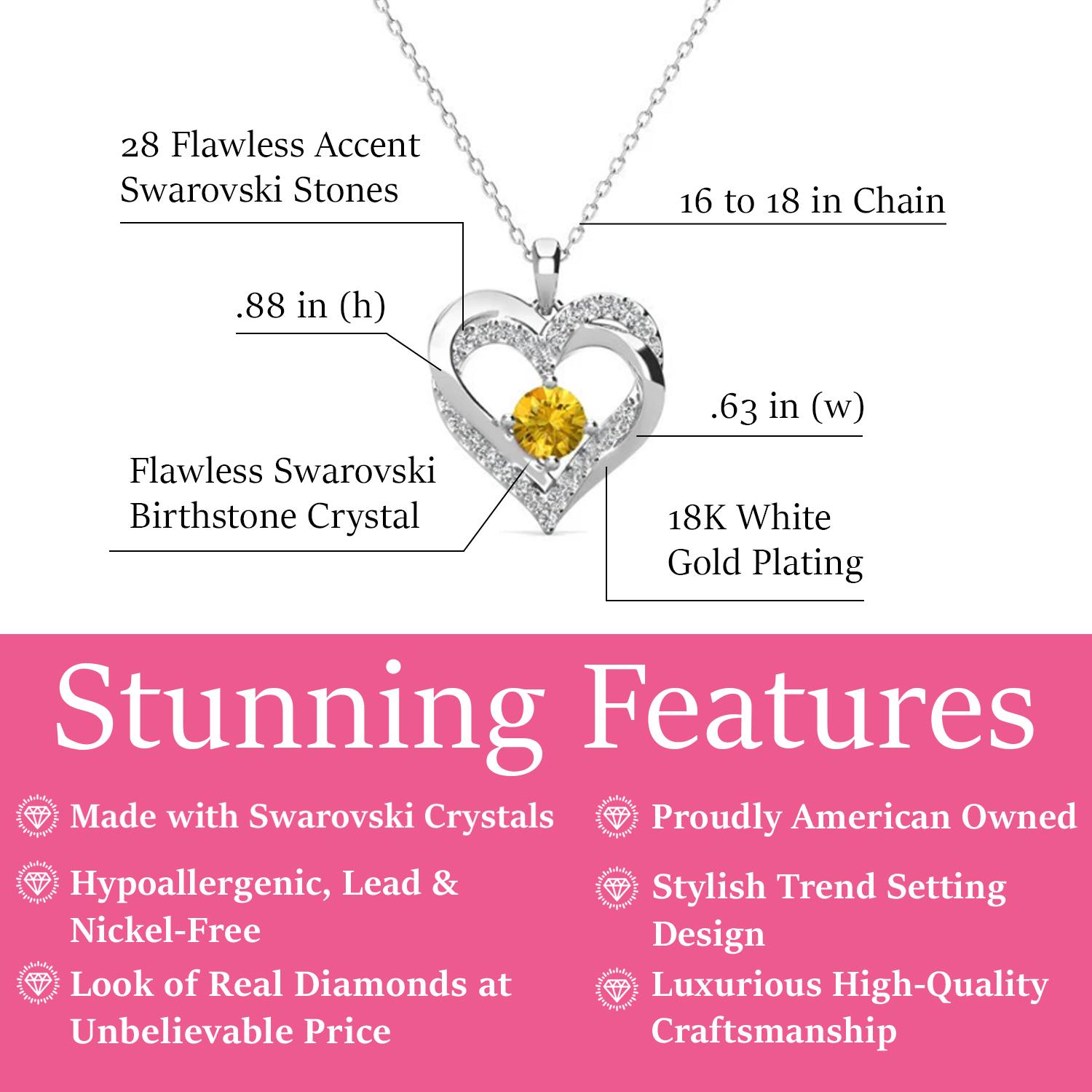 Forever November Birthstone 18k White Gold Plated Silver Double Heart Diamond Necklace with Swarovski Crystals