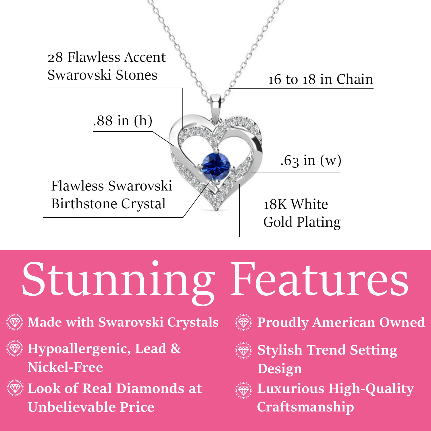 Forever September Birthstone 18k White Gold Plated Silver Double Heart Diamond Necklace with Swarovski Crystals