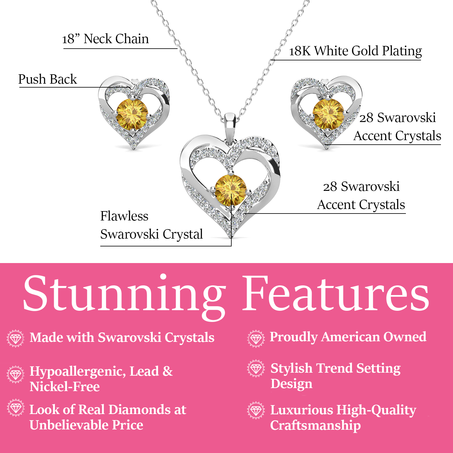 Forever Birthstone 18k White Gold Plated Silver Double Heart Earrings and Necklace Set with Swarovski Crystals