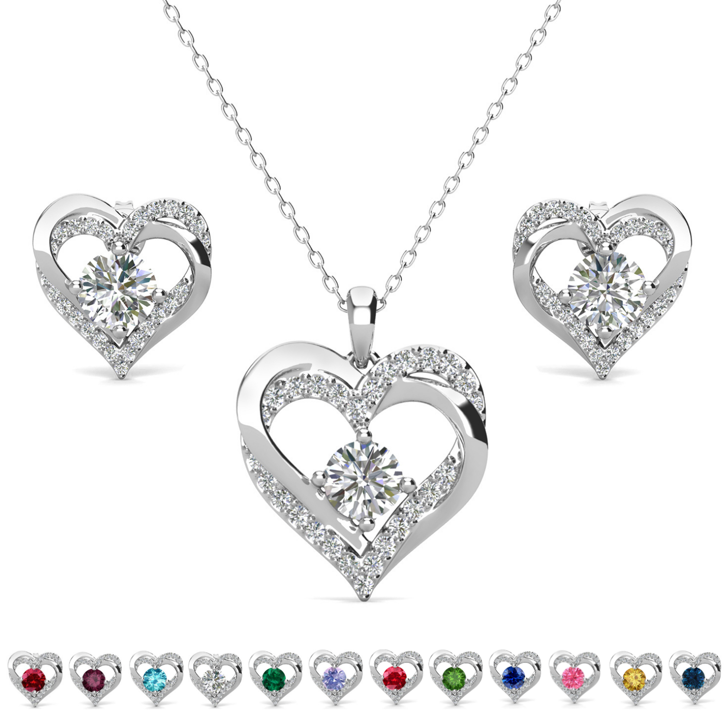 Forever Birthstone 18k White Gold Plated Silver Double Heart Earrings and Necklace Set with Swarovski Crystals